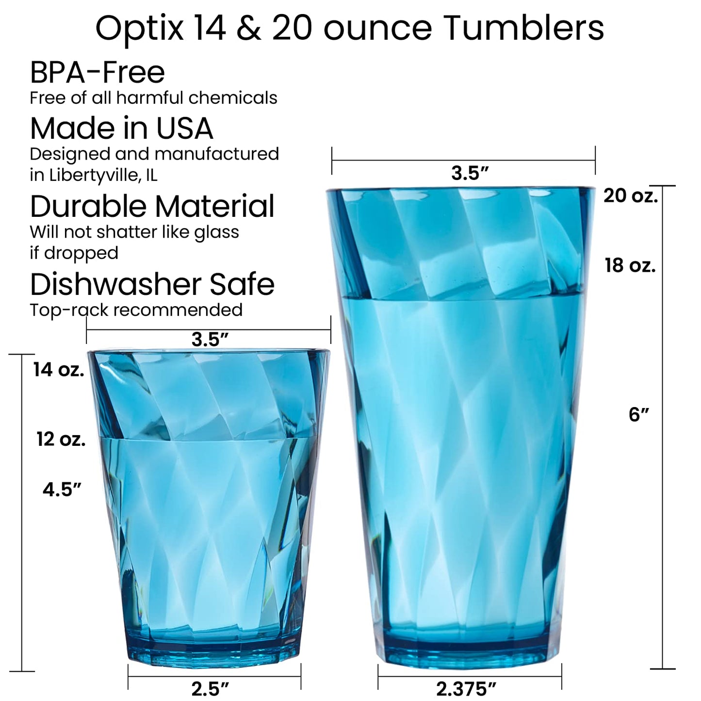 US Acrylic Optix Plastic Reusable Drinking Glasses (Set of 16) 14oz Rocks & 20oz Water Cups in Coastal Colors | BPA-Free Tumblers, Made in USA | Top-Rack Dishwasher Safe