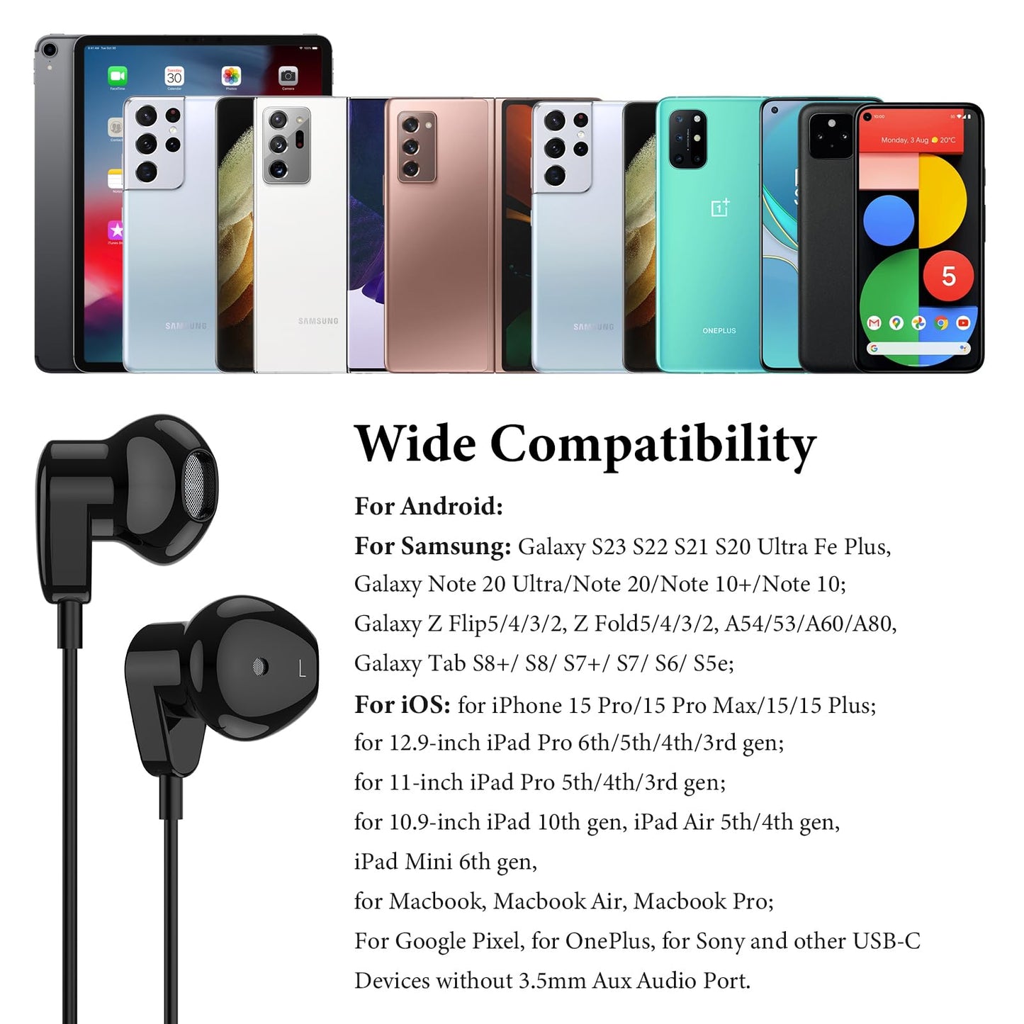 APETOO USB C Headphones for Samsung S24 S23 S22 Ultra S21 FE Note 10+ 20 A53 iPhone 15 16 Pro Max,HiFi Stereo Type C Earphones Wired Earbuds Microphone Volume Control for Galaxy Z Flip Fold 3,OnePlus