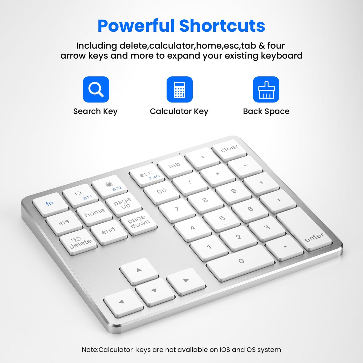 JPHTEK Bluetooth Number Pad, Aluminum Rechargeable Wireless Numeric Keypad Slim 35 Keys External Numpad Keyboard Data Entry for Laptop, MacBook, MacBook Air/Pro, iMac, Windows (White)