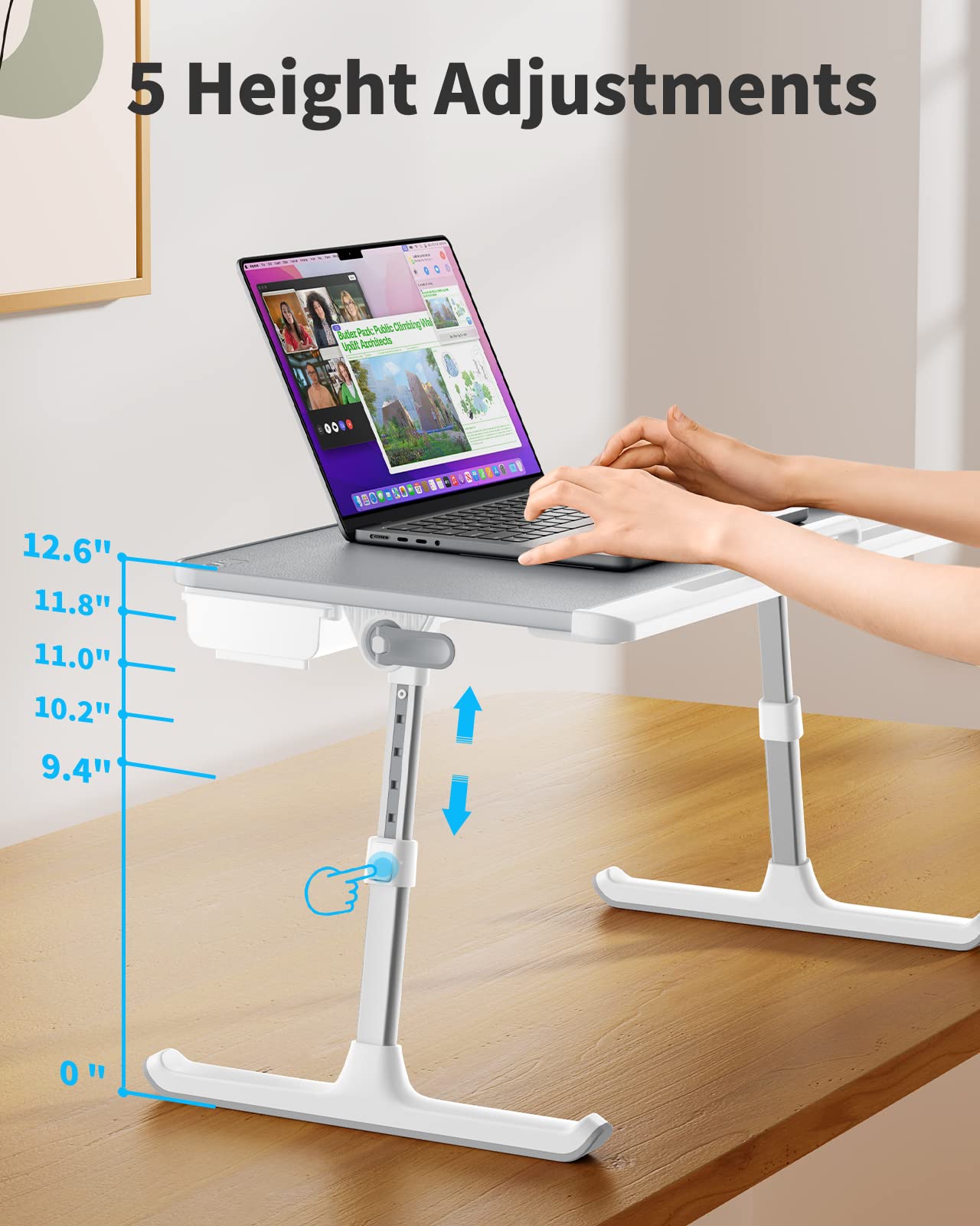 SAIJI Laptop Bed Tray Table, Adjustable PVC Leather Laptop Bed Table, Portable Standing Desk with Storage Drawer, Foldable Lap Tablet Table for Sofa Couch Floor (Nature)