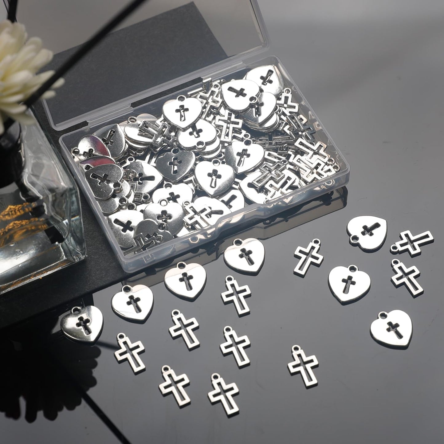 BENBO 100Pcs Silver Religious Charms Mini Cross Charms Heart Shaped Religious Charms Mini Metal Christian Charms with Box for DIY Bracelet Necklace Earrings Jewelry Making, 2 Styles