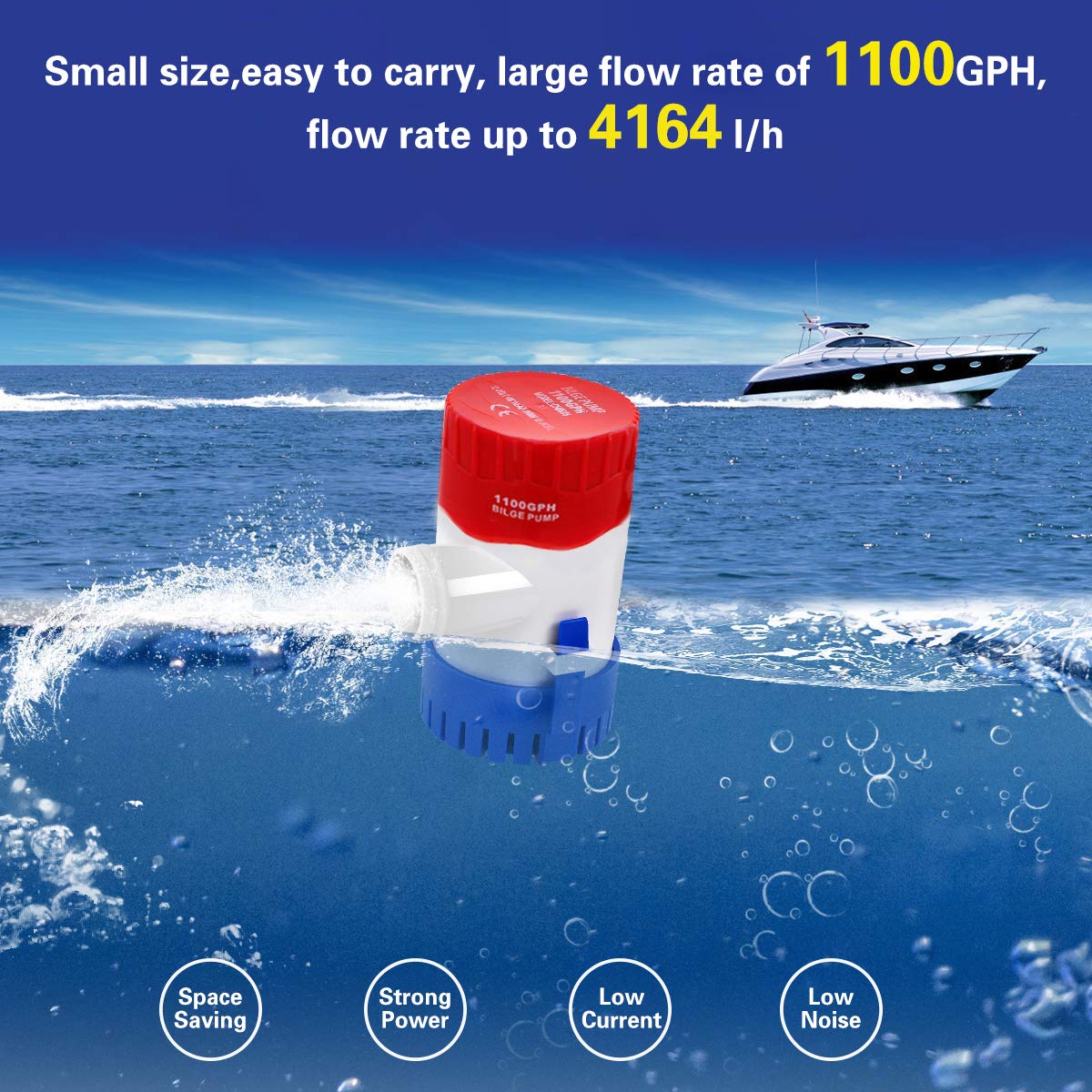 Submersible Boat Bilge Water Pump 12v 1100gph Non-Automatic Marine Electric Bilge Pump for Ponds, Pools, Spas Silent, Boat Caravan RV Submersible