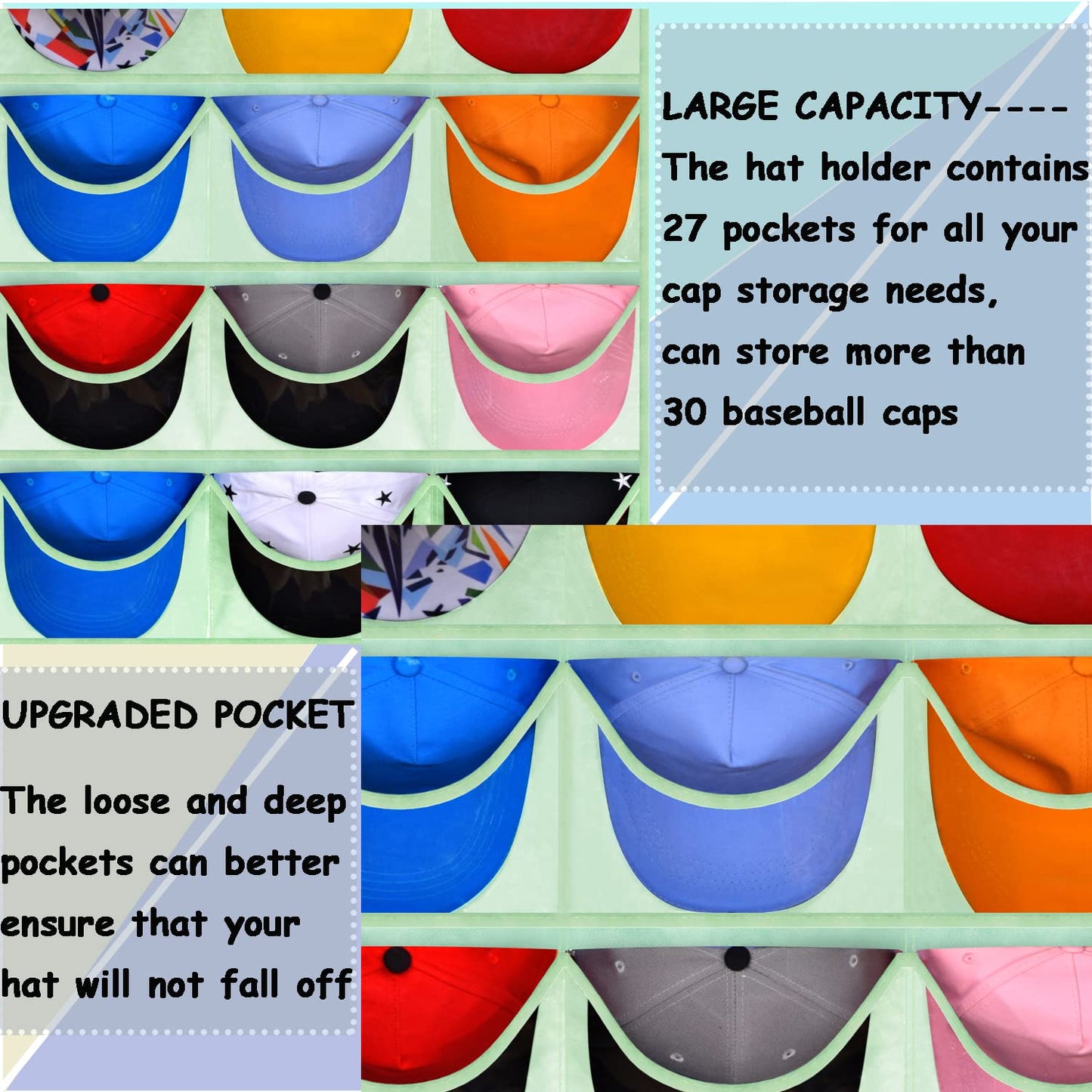 KHIKILY Baseball Hat Rack, 24 Pocket Over-The-Door Cap Organizer with Clear Deep Pockets Wall Mount Bag for Baseball Caps and Hats (Black)