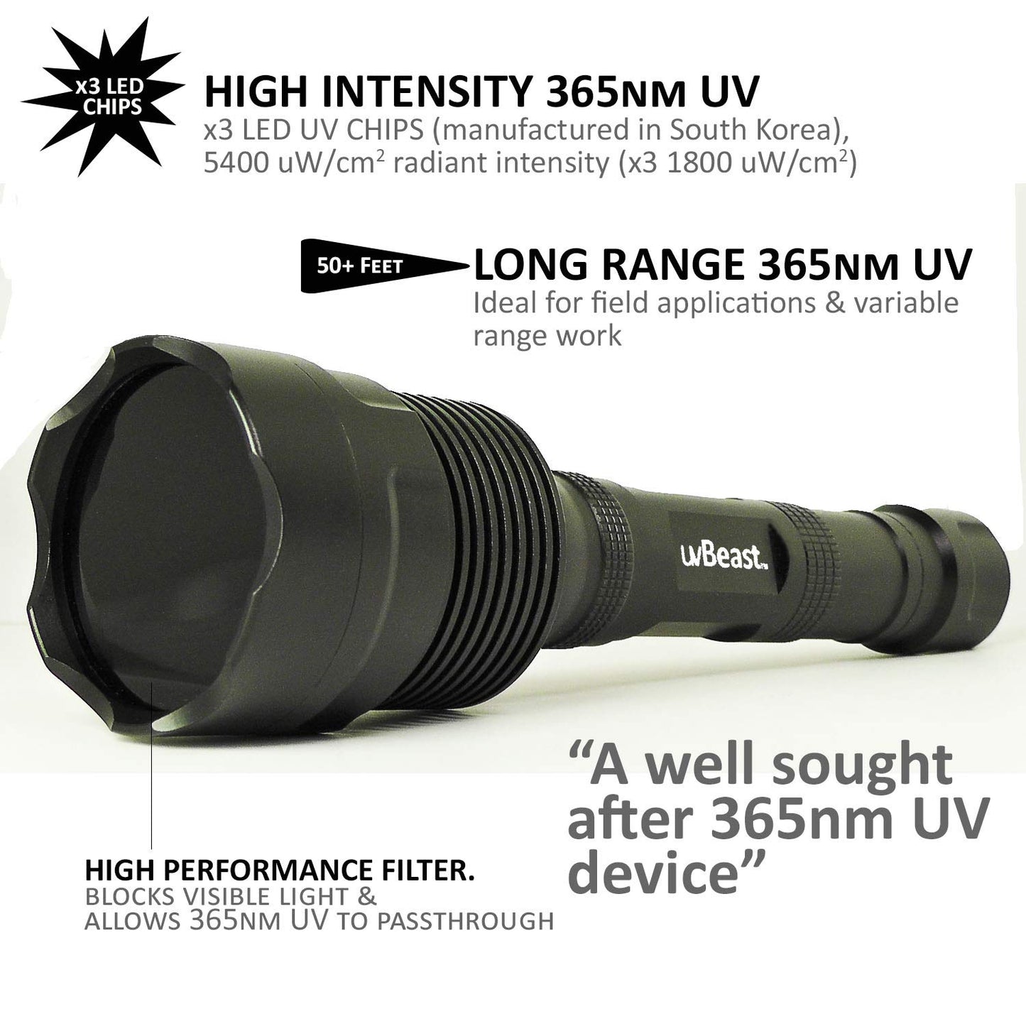 uvBeast New V3 365nm Black Light UV Flashlight – High Definition Ultraviolet - HIgh Power and Long Range Professional Grade Beam Best for Professional/Commercial Use – USA Stock
