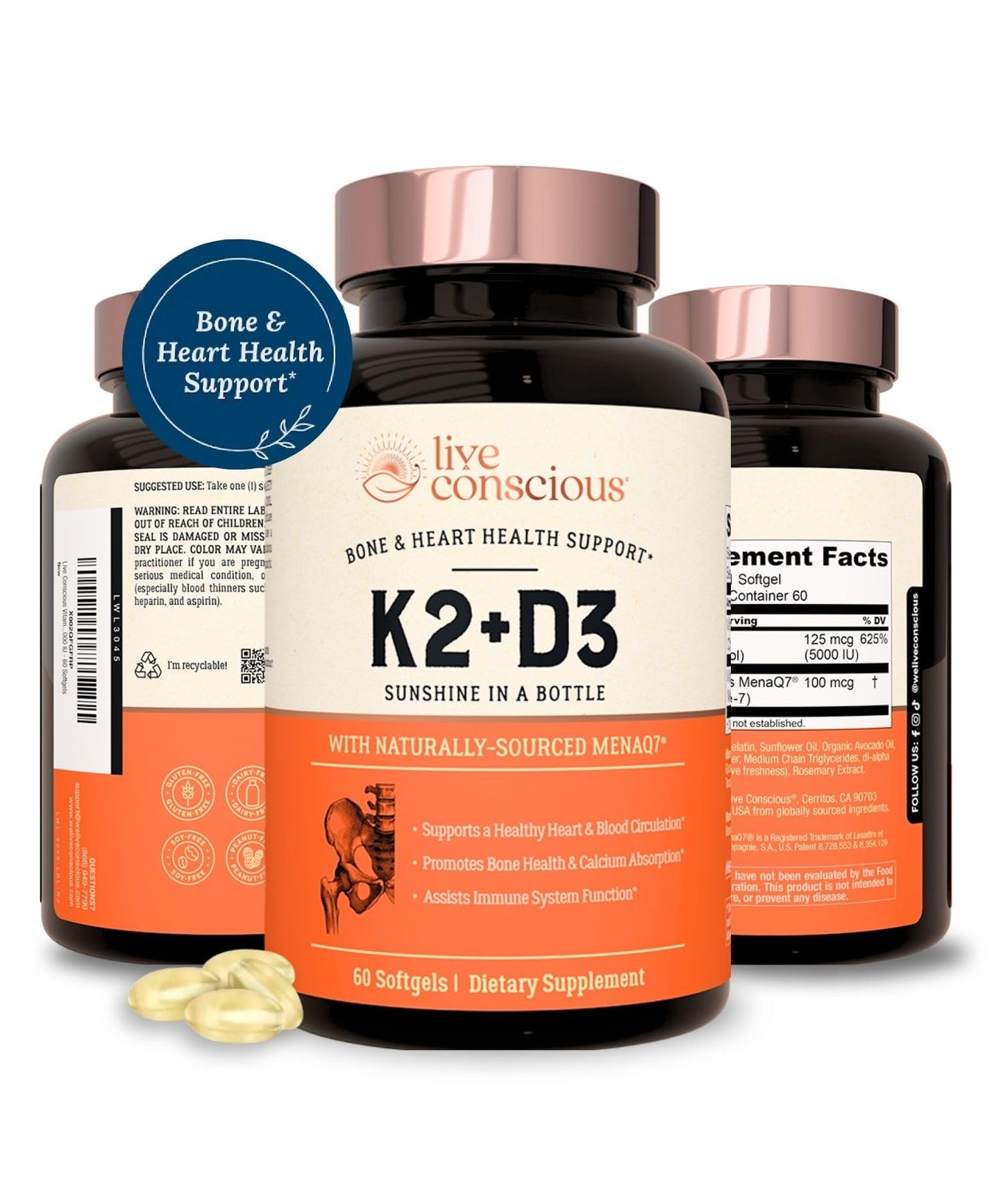 Live Conscious Vitamin K2 MK7 with D3 Supplement | Bone & Heart Health Support - Patented Vitamin K & Vitamin D3 5000 IU - 60 Softgels