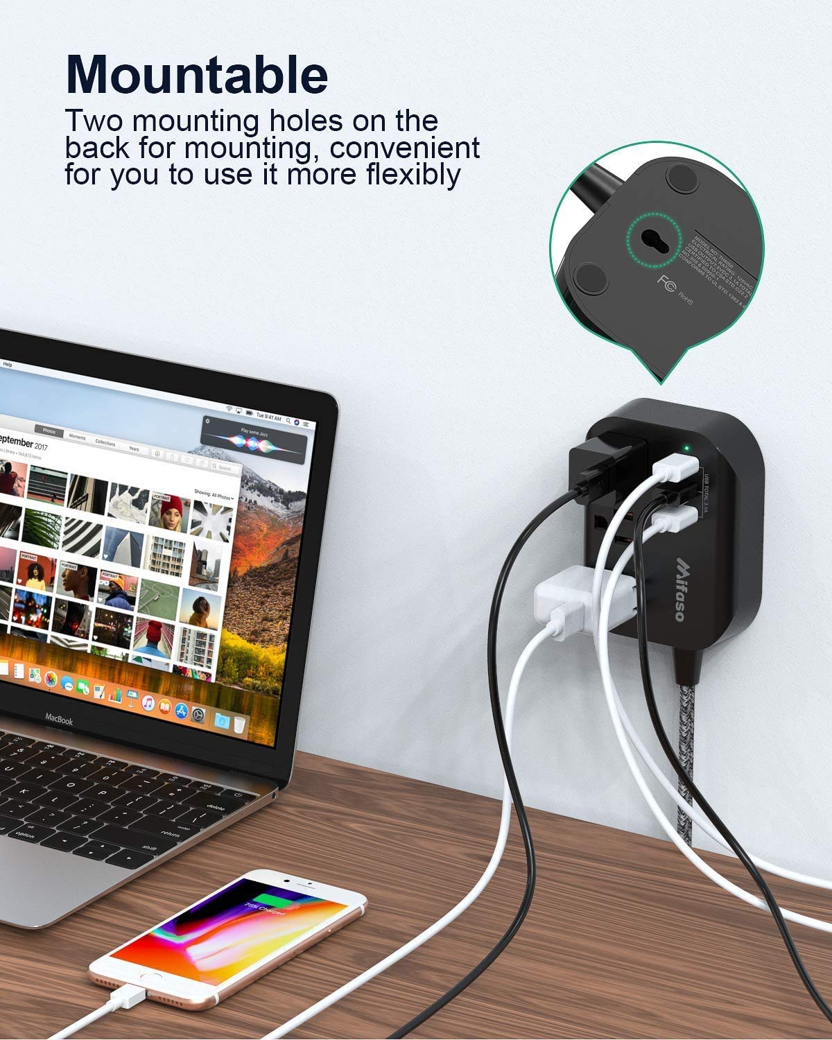 Cruise Ship Essentials - Power Strip with USB, Mountable Flat Plug Power Strip with 3 Outlets 3 USB Ports(Smart 3.1A), 5ft Braided Extension Cord, Compact for Cruise Ship, Travel, Home, Dorm
