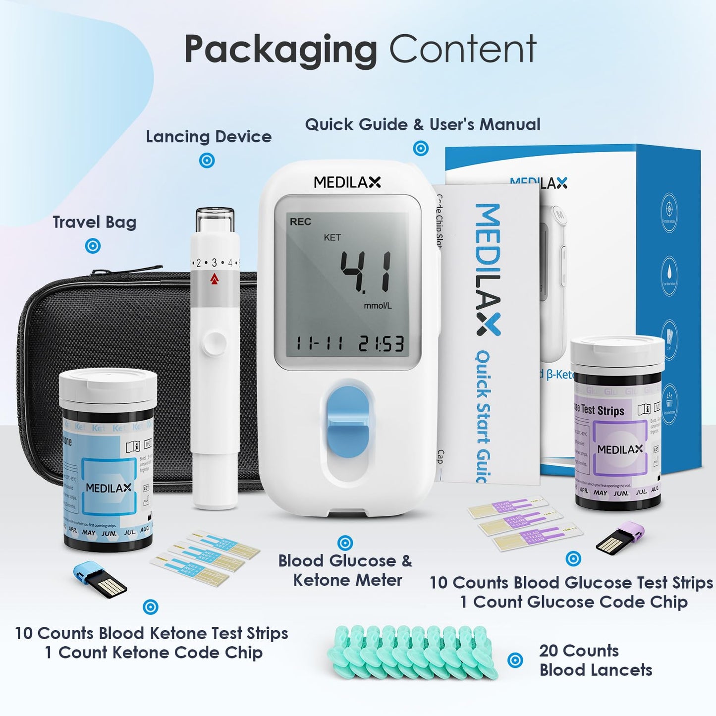 Medilax Ketone Monitor and Glucose Meter Kit - Dual Blood Sugar and Ketone Test Meter Kit with 10 Ketone Test Strips, 10 Glucose Test Strips, Lancets & Lancing Device, Strip Calibration Needed
