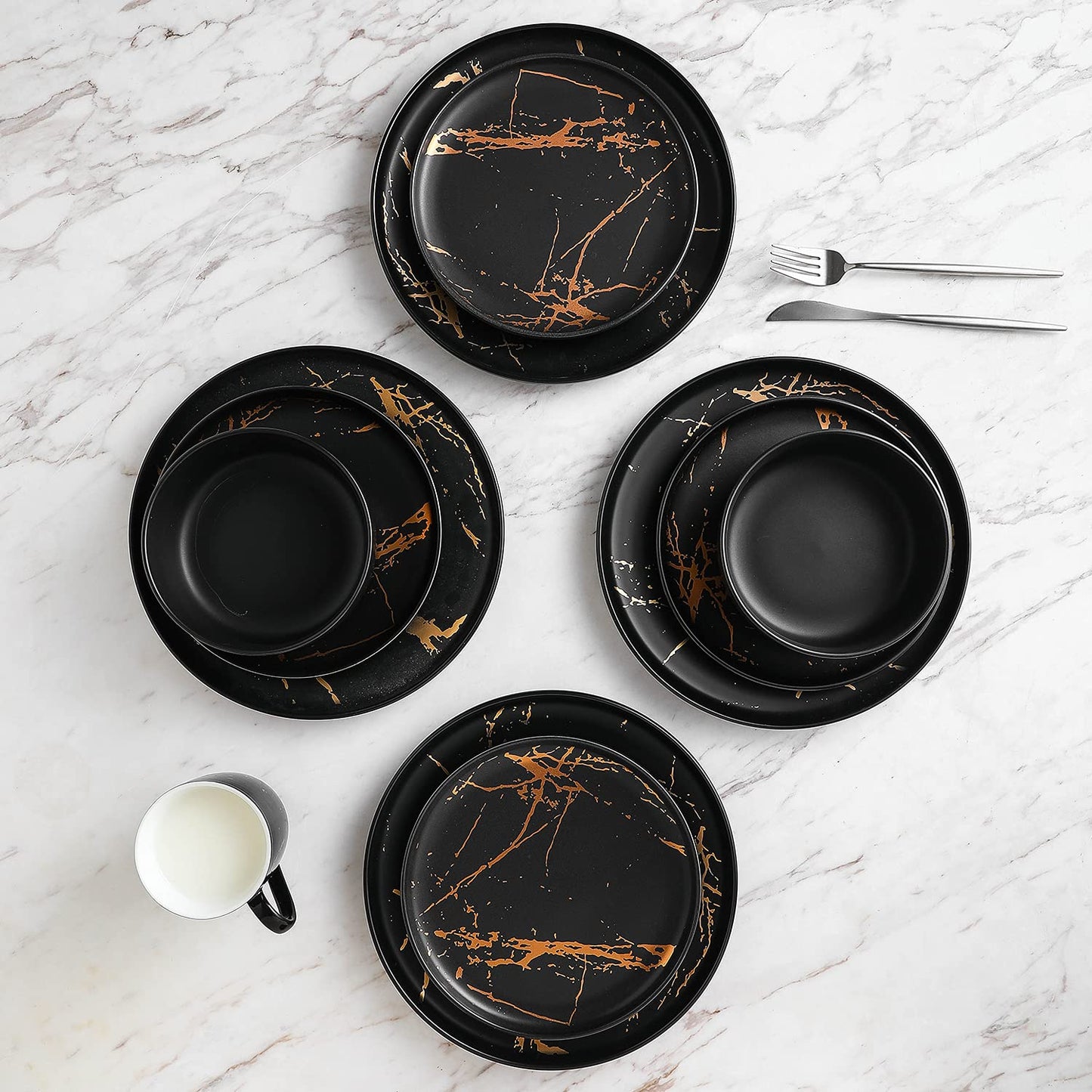 Stone Lain Modern Splash Exquisite Fine China Dinnerware Set, 16 Piece - Service for 4, Black & Gold