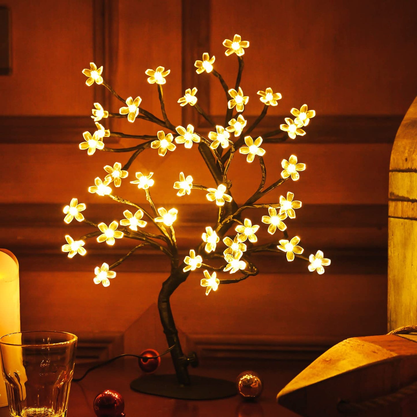 ZHOUDUIDUI Cherry Blossom Tree Light,17inch 40LED Lighted Tabletop Artificial Flower Bonsai Tree Lamp USB Powered Gifts for Home Decor Room Office Party Wedding Christmas Decorations(Warm White)