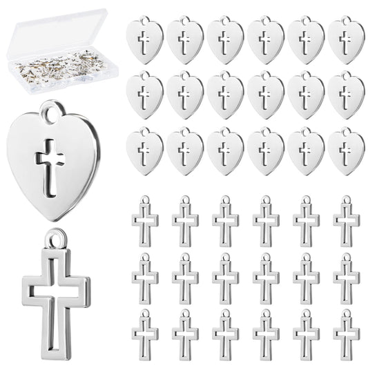 BENBO 100Pcs Silver Religious Charms Mini Cross Charms Heart Shaped Religious Charms Mini Metal Christian Charms with Box for DIY Bracelet Necklace Earrings Jewelry Making, 2 Styles