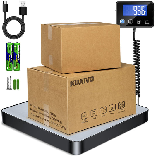 KUAIVO Digital Shipping Scale, 440lb Heavy Duty Postage Scale with Tare/Hold Function, Postal Scale for Package, Luggage, Small Business, Ware House, Home Use, Battery & Charging Cable Include