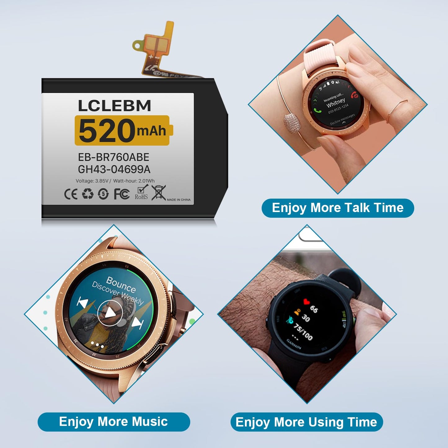 LCLEBM 520mAh Battery for Samsung Gear S3 Frontier (SM-R760),Galaxy Gear S3 Classic Replacement Battery for SM-R770,BR760,R765,EB-BR760ABE Gear S3 Battery with Professional DIY Repair Tools