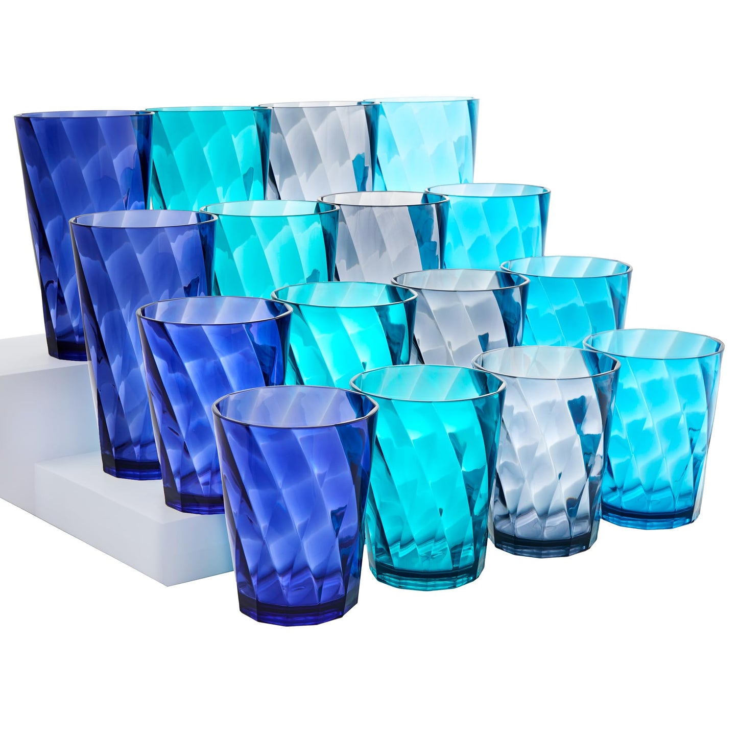 US Acrylic Optix Plastic Reusable Drinking Glasses (Set of 16) 14oz Rocks & 20oz Water Cups in Coastal Colors | BPA-Free Tumblers, Made in USA | Top-Rack Dishwasher Safe
