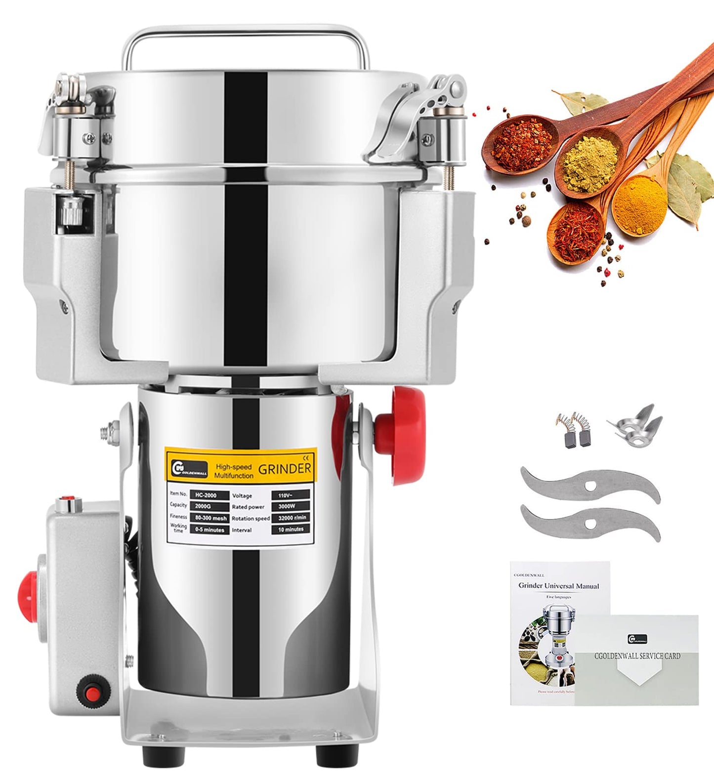 CGOLDENWALL 2000g Stainless Steel Electric Grain Grinder Mill for Grinding Various Grains Spice Grain Mill Herb Grinder Pulverizer 110V Gift for Mom Wife