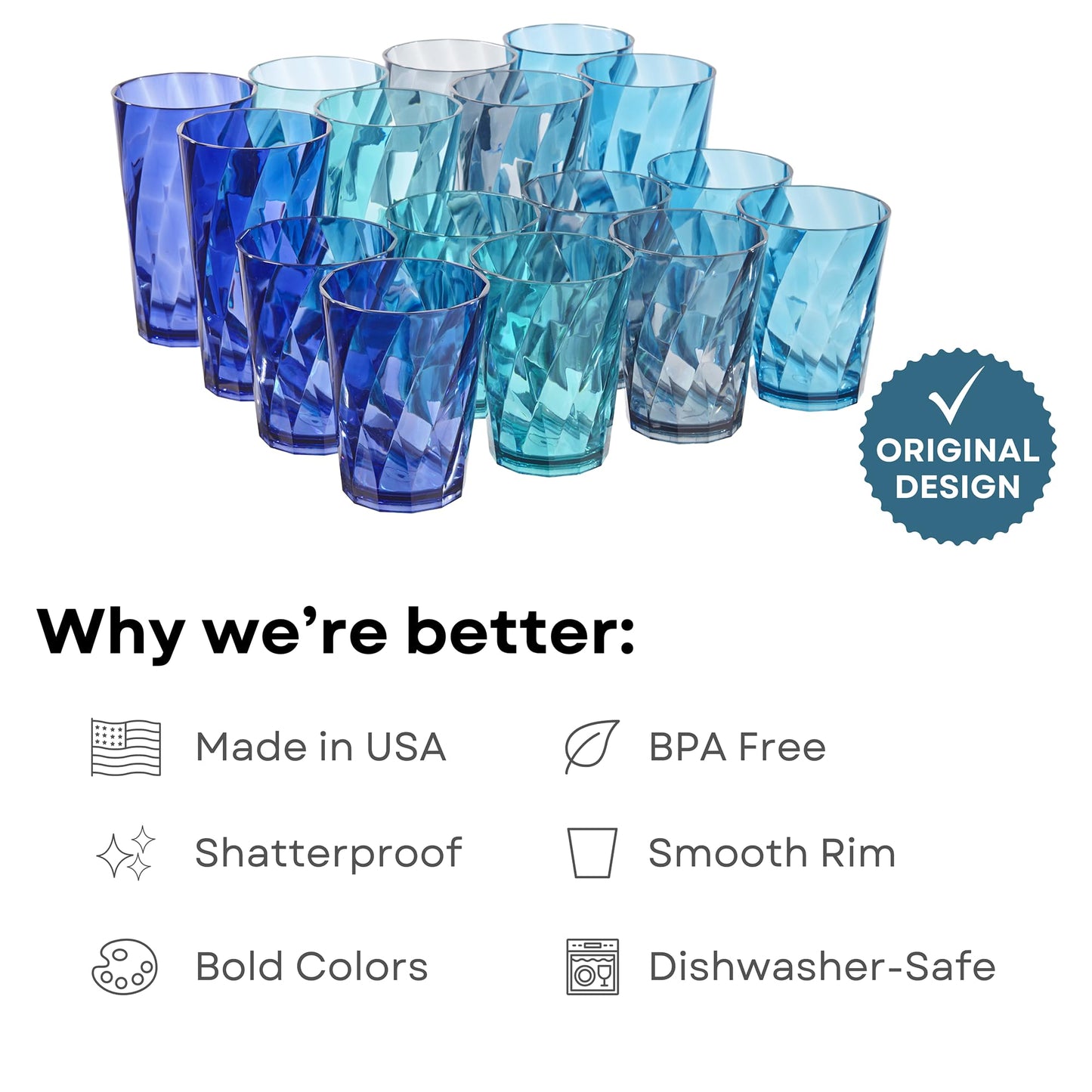 US Acrylic Optix Plastic Reusable Drinking Glasses (Set of 16) 14oz Rocks & 20oz Water Cups in Coastal Colors | BPA-Free Tumblers, Made in USA | Top-Rack Dishwasher Safe