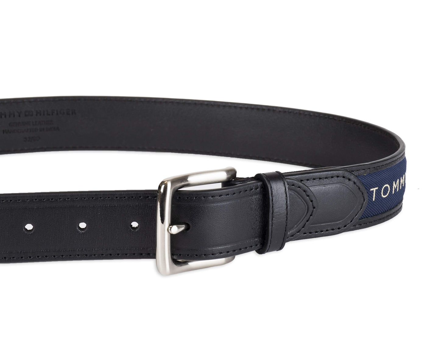 Tommy Hilfiger Men's Ribbon Inlay Belt - Ribbon Fabric Design with Single Prong Buckle, Black/Navy, 32