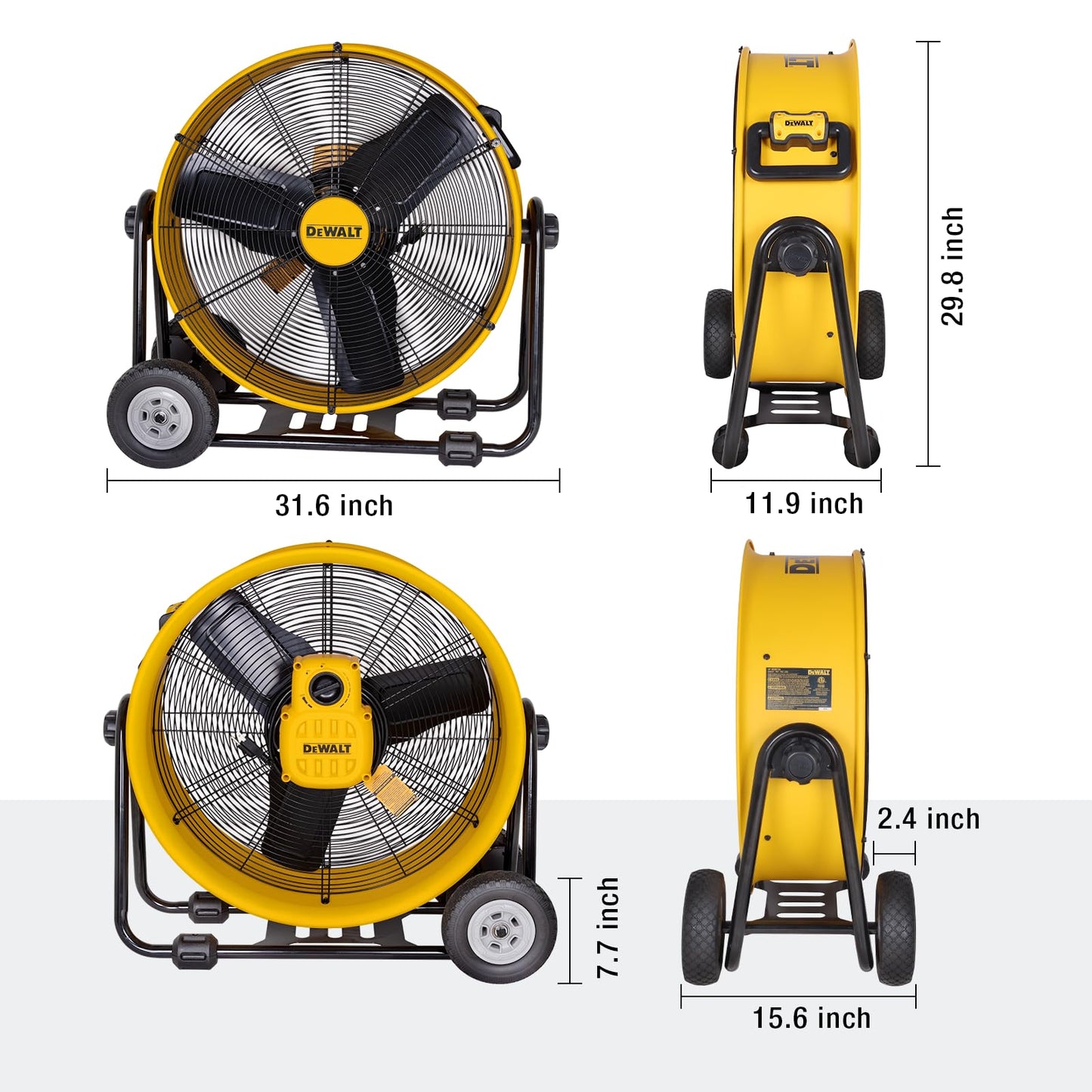 DEWALT DXF2490 High Velocity Fan, Floor Fan, Industrial Fan, 24 Inch Large Electric Metal Rotating Garage Fan with 360° Adjustable Tilt & Large Wheel, Drum Fan for Outdoor, House and Warehouse, Yellow