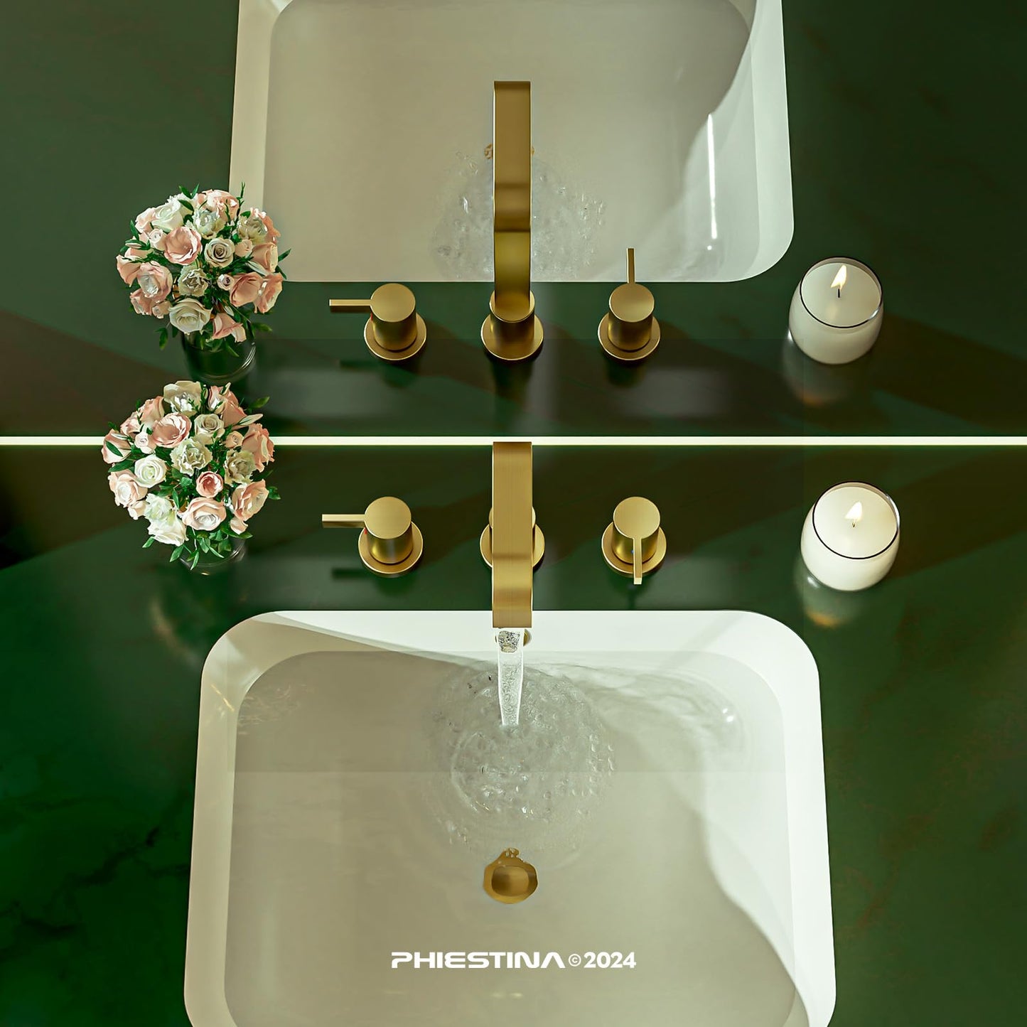 Phiestina Brushed Gold 8 Inch 3 Hole 2 Handle Waterfall Widespread Bathroom Sink Faucet, Bathroom Faucet with Metal Pop Up Drain and Water Supply Line, WF040B-1-BG