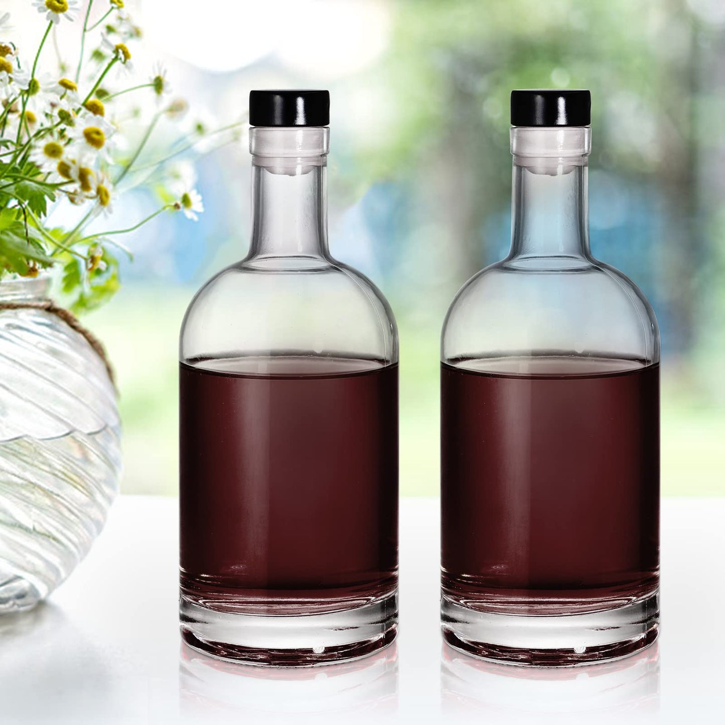 Hacaroa 2 Pack Heavy Base Glass Liquor Bottles, 25 Oz (750ml) Nordic Vodka Bottles with T-Top Cap for Homebrewing, Whiskey, Sauces, Syrups