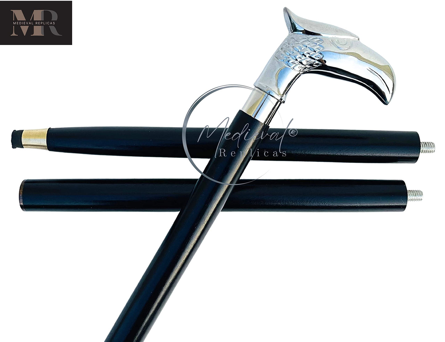 Medieval Replicas Wooden 37" Decorative Walking Cane Walking Stick Premium Quality Rare Eagle Head Decorative Prop with Nickel Plated Brass Handle (Symbol of Power and Strength) Unique Gifts