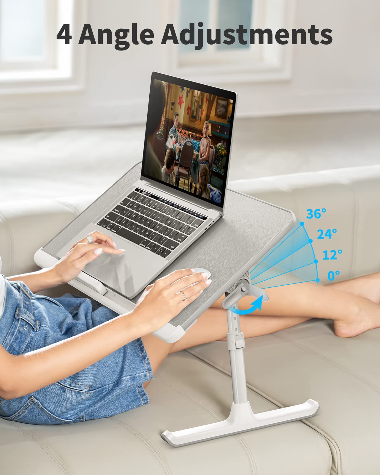SAIJI Laptop Bed Tray Table, Adjustable PVC Leather Laptop Bed Table, Portable Standing Desk with Storage Drawer, Foldable Lap Tablet Table for Sofa Couch Floor (Nature)