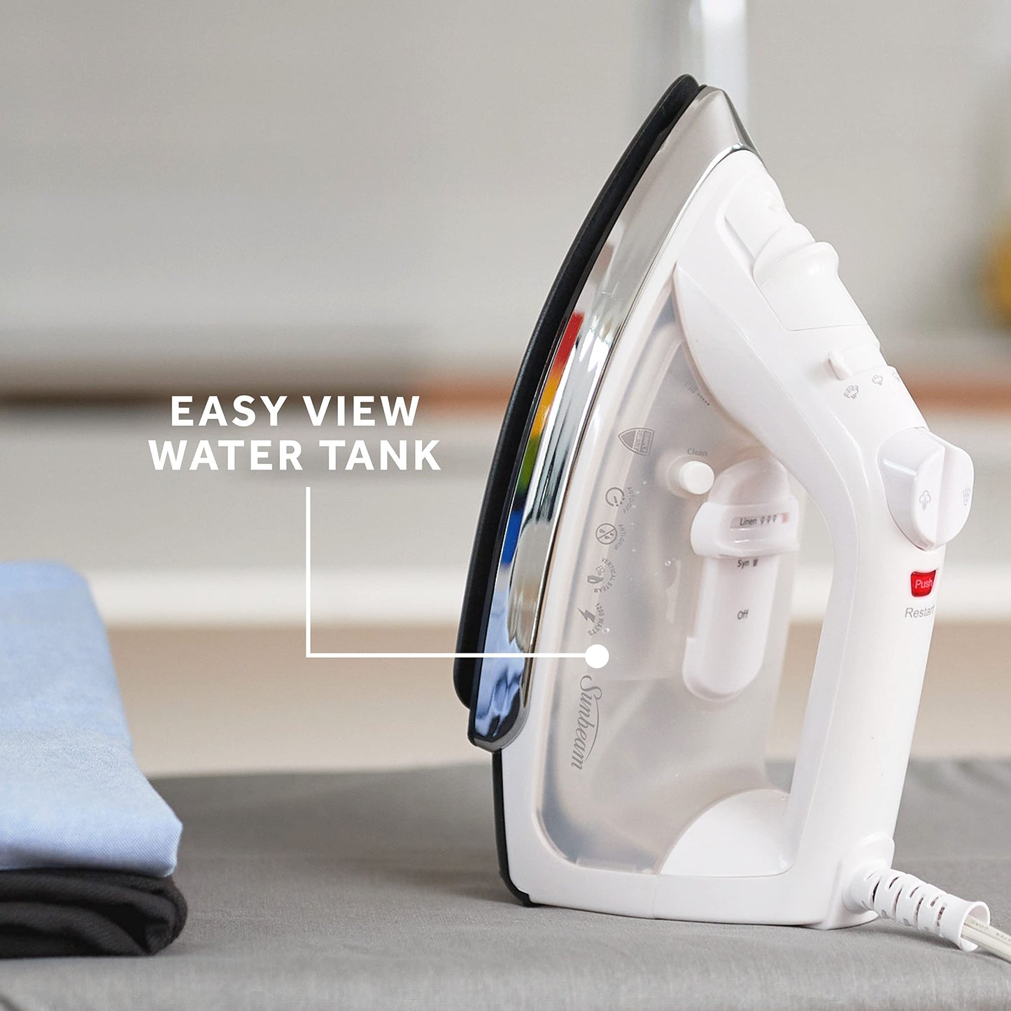 Sunbeam Classic 1200 Watt Mid-Size Anti-Drip Non-Stick Soleplate Steam/Vertical Shot Feature and 8' 360-degree Swivel Cord, White/Clear, GCSBC Iron