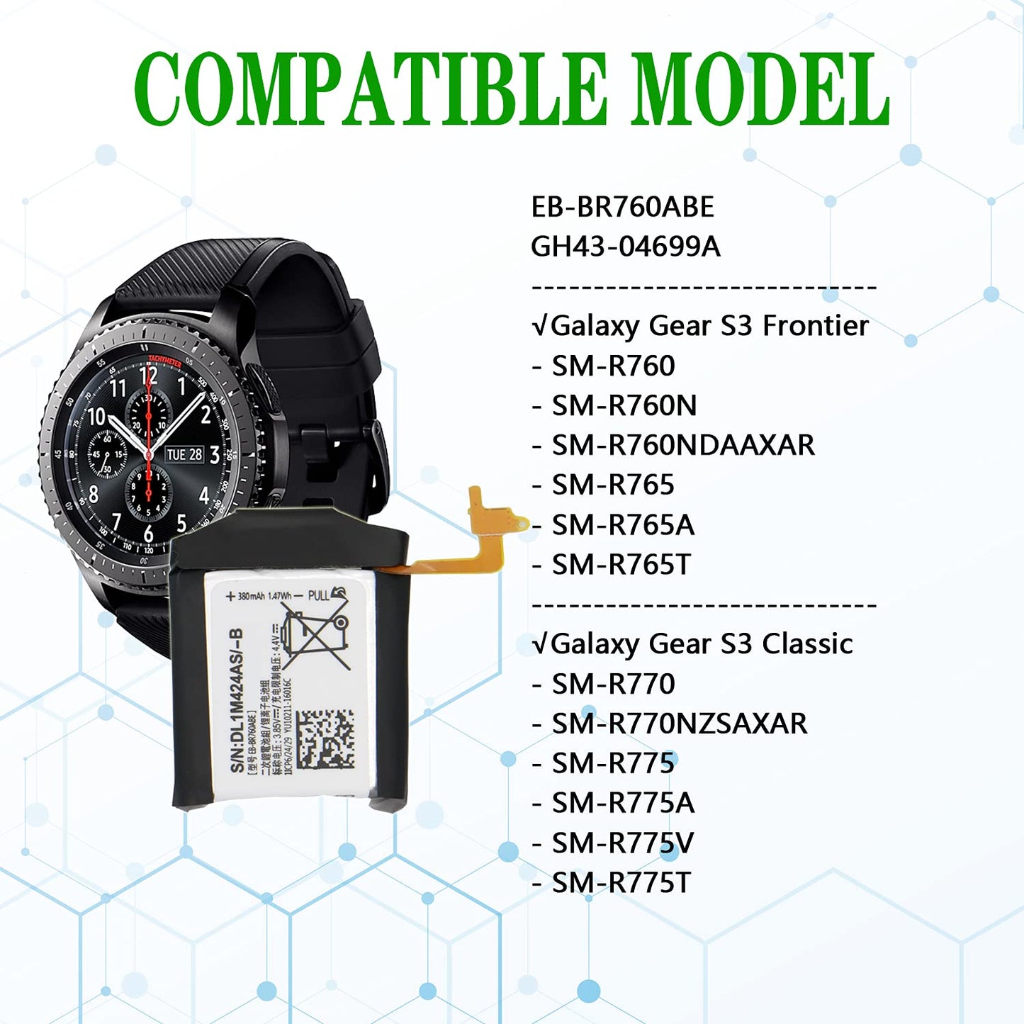 ASDAWN Battery Replacement for Samsung Galaxy Gear S3 Frontier SM-R760/ Gear S3 Classic SM-R770 EB-BR760ABE GH43-04699A BR760 R765 with Repair Tool Parts + Installation Instruction