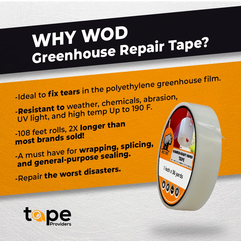 WOD GHT5A Greenhouse Repair Tape, Clear - 2 inch x 108 ft. Strong Weatherseal Polyethylene Film Tape, Long Term UV Exposure For Sealing & Seaming used in boating and RV industry