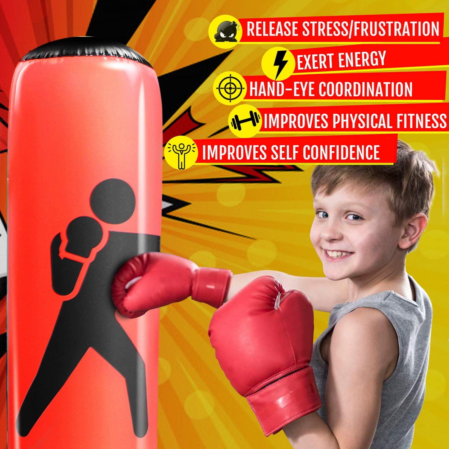 Novelty Place Inflatable Punching Bag for Kids - Free Standing Boxing Bag immediate Bounce Back for Practicing Karate, Taekwondo, Boxing, MMA- Bop Bag Toys for Fitness & Stress Relief