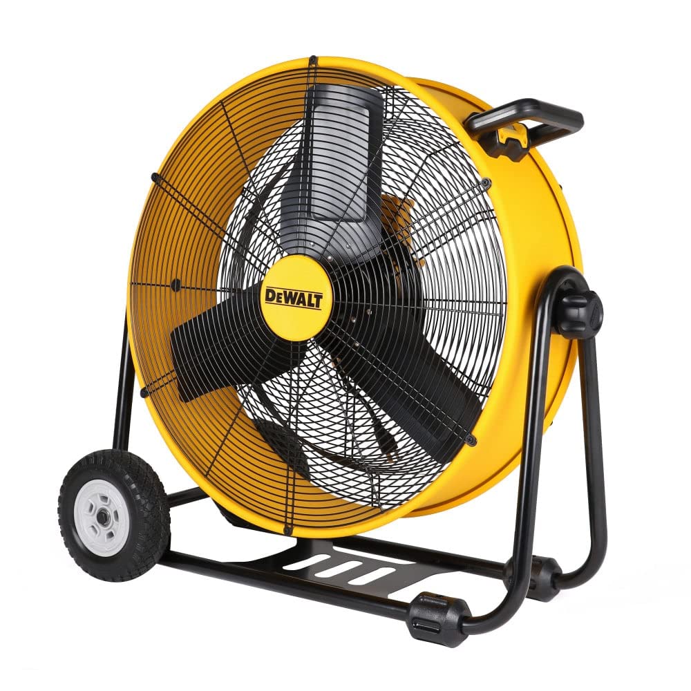DEWALT DXF2490 High Velocity Fan, Floor Fan, Industrial Fan, 24 Inch Large Electric Metal Rotating Garage Fan with 360° Adjustable Tilt & Large Wheel, Drum Fan for Outdoor, House and Warehouse, Yellow