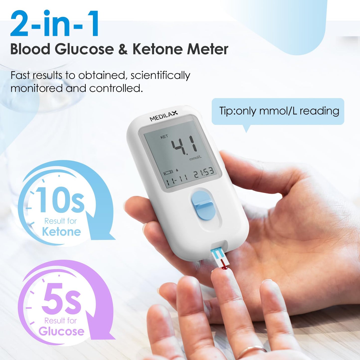 Medilax Ketone Monitor and Glucose Meter Kit - Dual Blood Sugar and Ketone Test Meter Kit with 10 Ketone Test Strips, 10 Glucose Test Strips, Lancets & Lancing Device, Strip Calibration Needed
