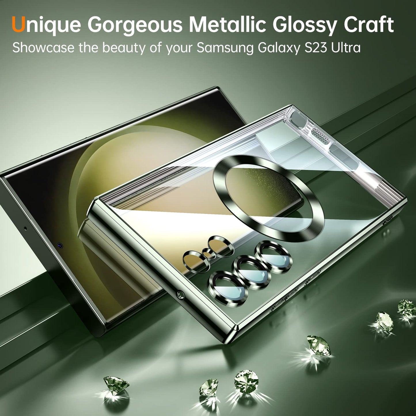 Luxury Soft Shockproof Case for Samsung Galaxy S23 Ultra 5G, [Full Camera Cover Protection] [Compatible with MagSafe] Magnetic Metallic Glossy Clear Slim - 6.8 inch -Shiny Gold