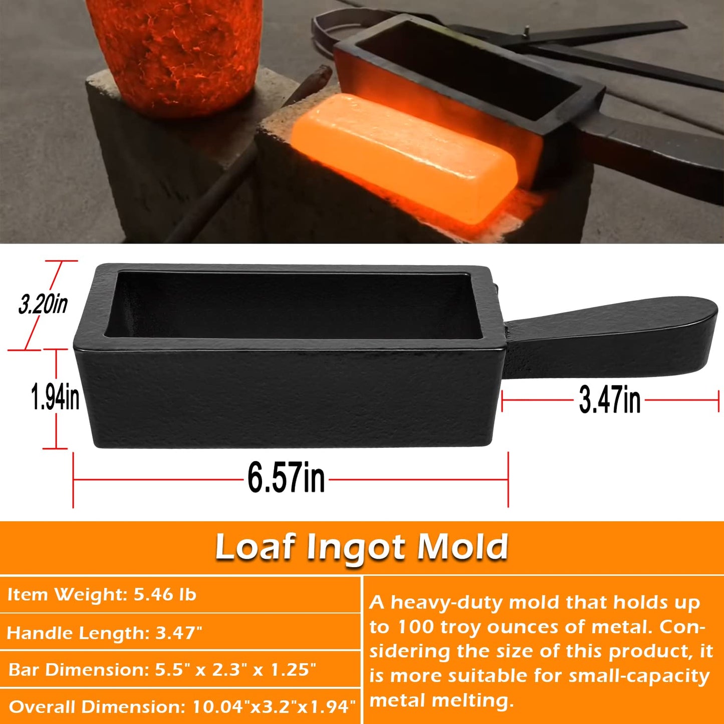 Upgraded 100 oz Troy Ounce Gold Bar Loaf Cast Iron Ingot Mold Perfect for Custom Smelting Pouring Melting Casting Refining Gold Silver Copper Aluminum Brass Precious Metals