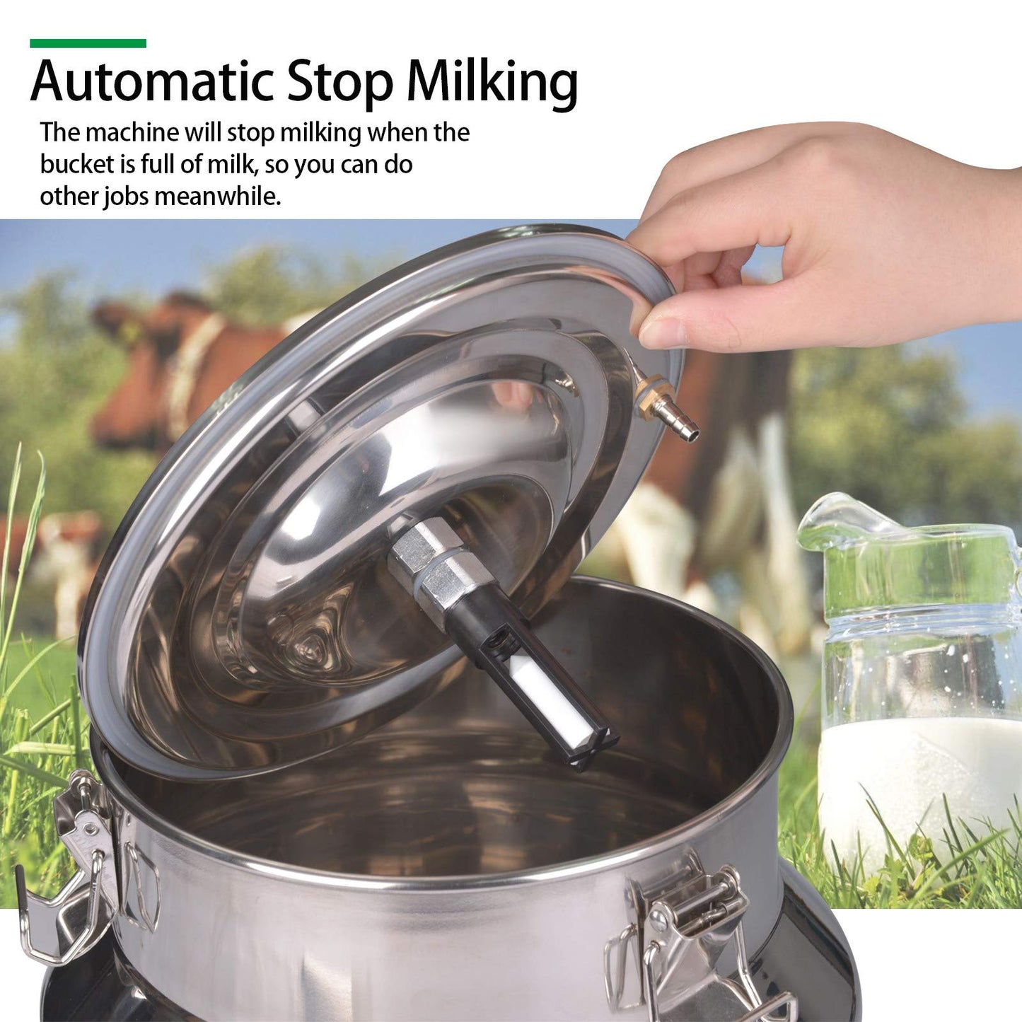 Cow Milking Machine Pump Milker Machine Auto-Stop Device for Cow Livestock Household Farm Stainless Steel Food Grade Bucket Milking Device 7L