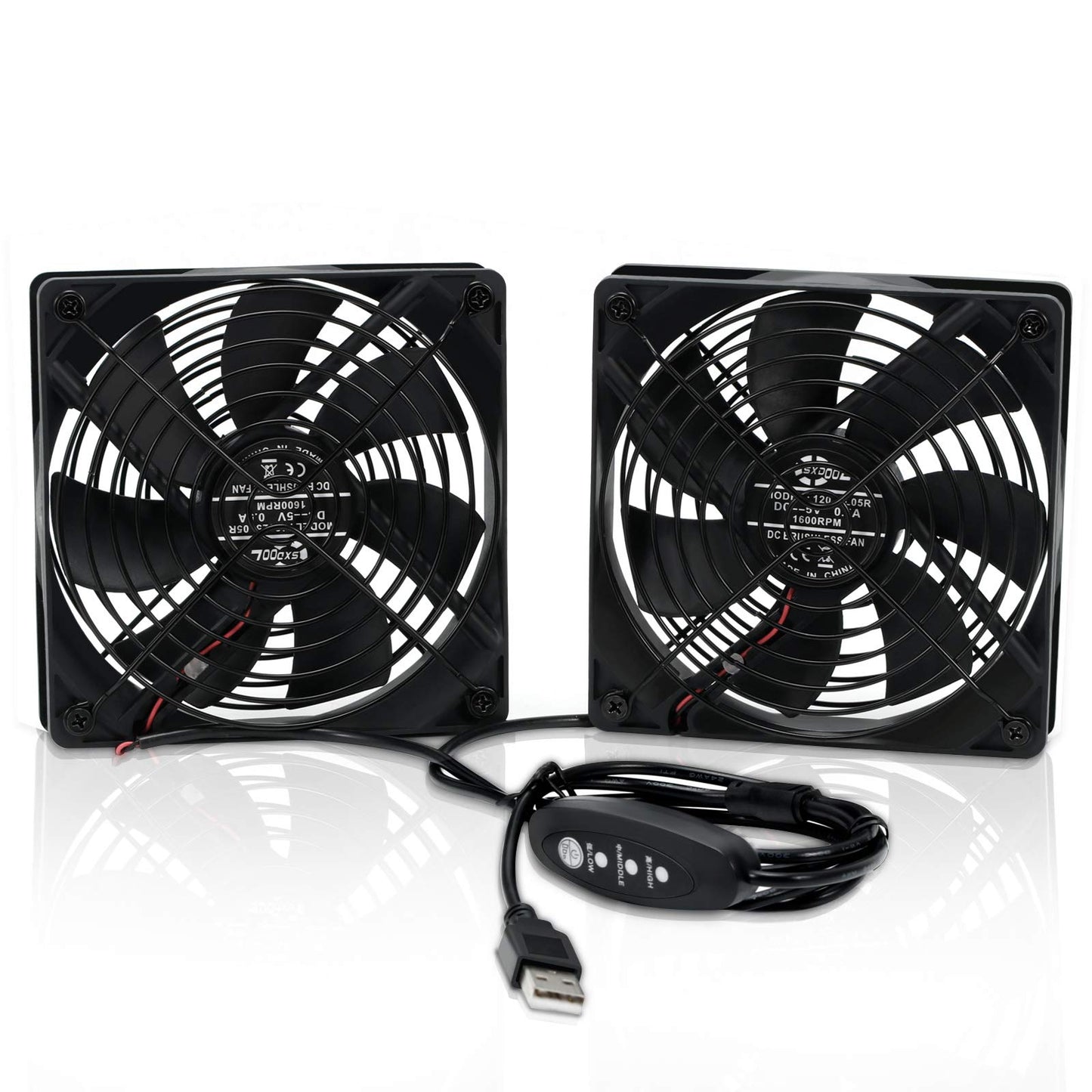 SXDOOL Dual 120mm DC 5V USB Computer Cooling Fan with Speed Controller, Ventilator Fan Compatible for Router Receiver DVR PlayStation Xbox Desk Computer Cabinet Silent Quiet Cooler