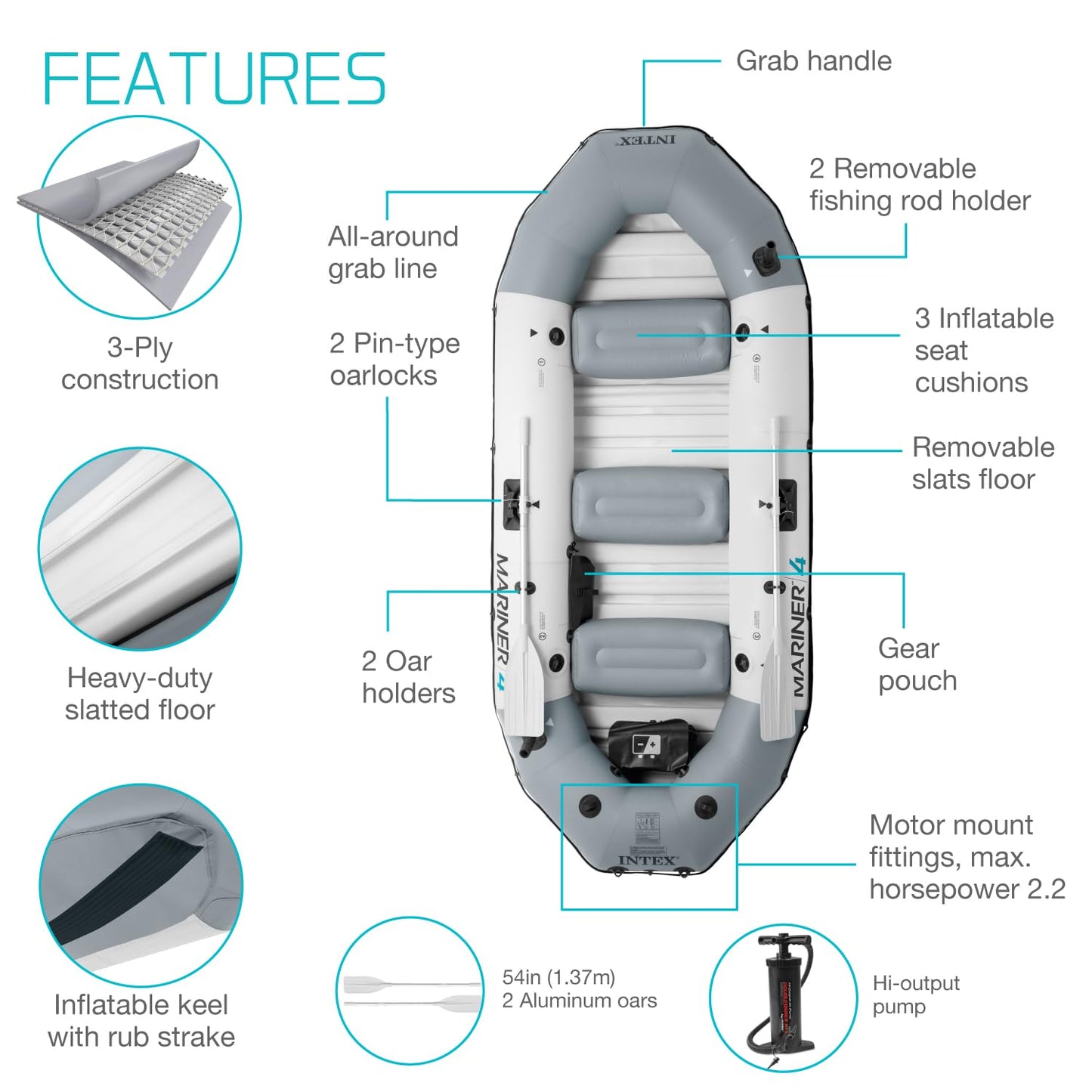 INTEX 68376EP Mariner 4 Inflatable Boat Set: Includes Deluxe 54in Boat Oars and High-Output Pump – Wear-Resistant Keel – Removable Fishing Rod Holders – 4-Person – 1100lb Weight Capacity