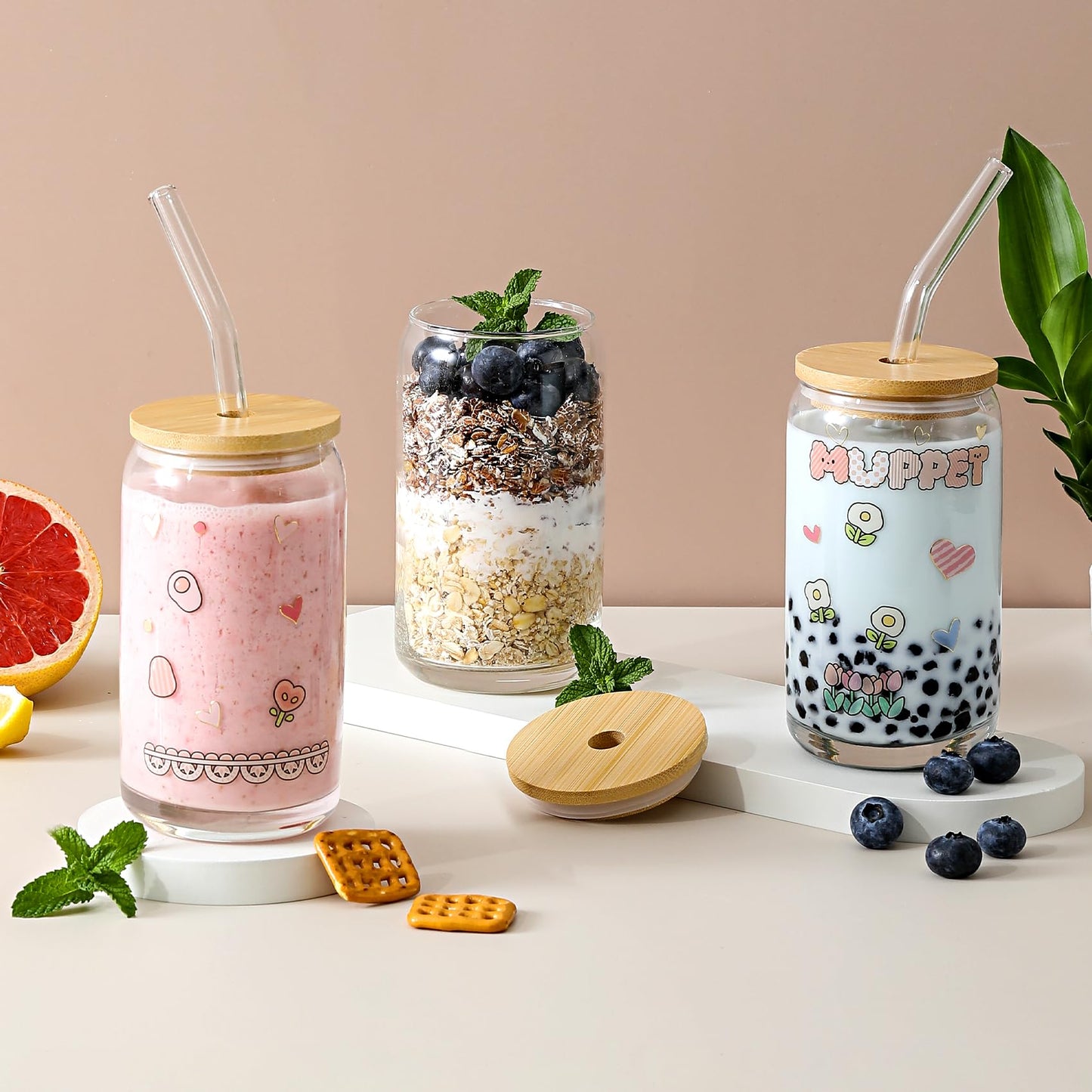 [ 6pcs Set ] Glass Cups with Bamboo Lids and Glass Straw - Beer Can Shaped, 16 oz Iced Coffee Drinking Glasses, Cute Tumbler Cup for Smoothie, Boba Tea, Whiskey, Water - 2 Cleaning Brushes