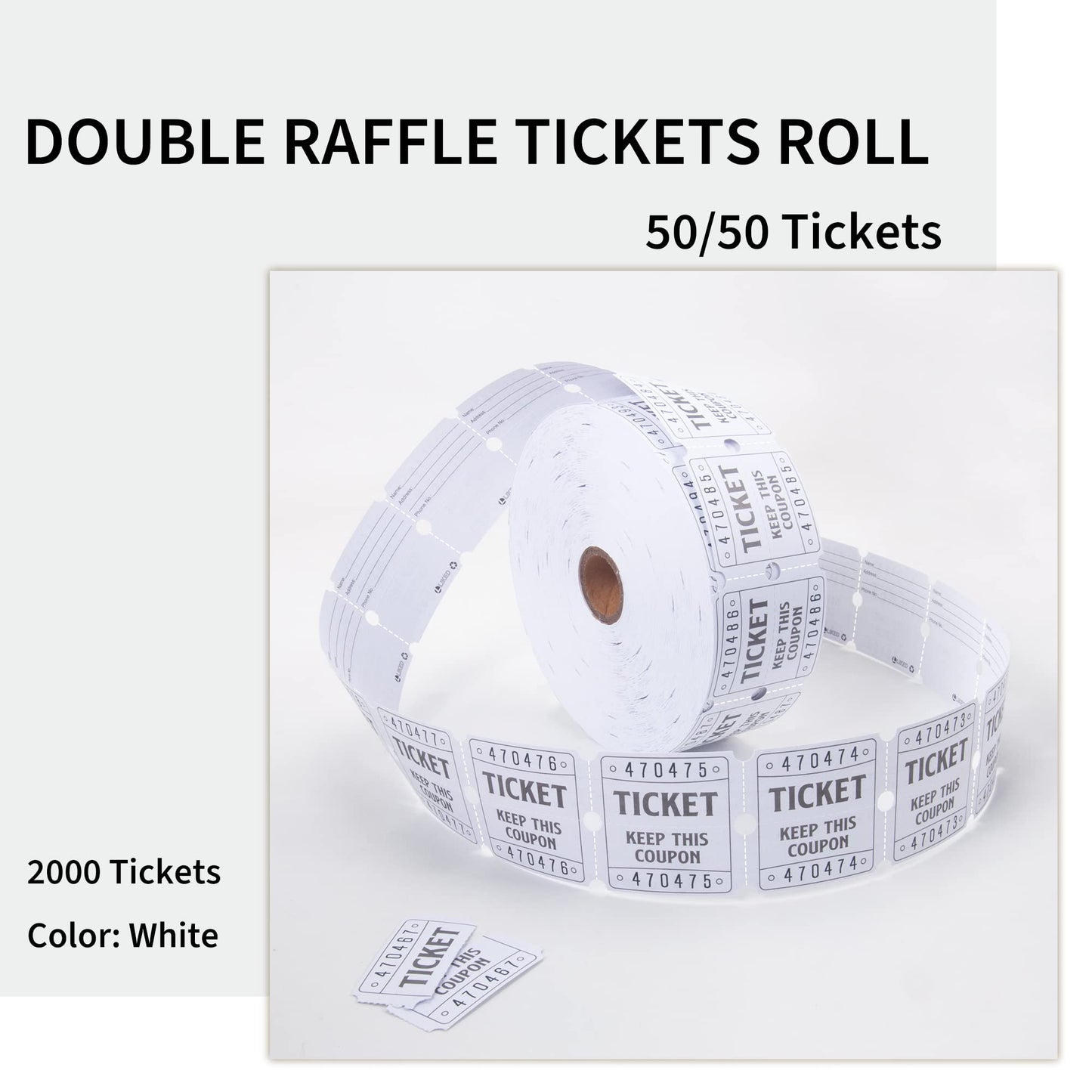 L LIKED Raffle Tickets Double Roll 2000 Tickets Consecutively Numbered 50/50 Raffle Tickets for Event Party Prize Drawing Perforated Stubs (Easy Read White)