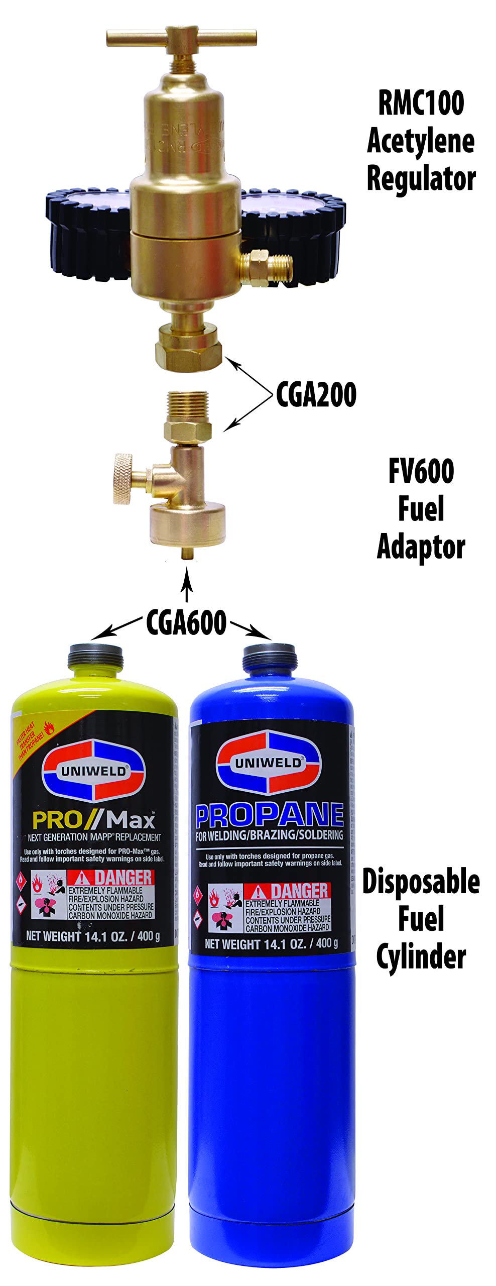 Uniweld FV600 Oxy/Fuel Adapter to Connect an MC Regulator (CGA200) to a Disposable Fuel Cylinder (CGA600)