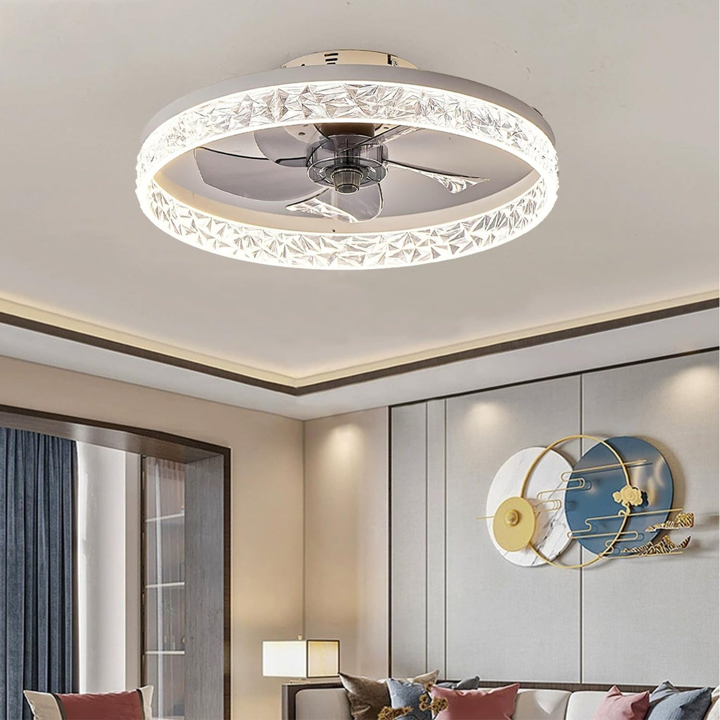 YOUHOO 19.7" Ceiling Fan with Lights, Dimmable LED 3 Color 6 Speeds Timing Reversible Blades with Remote Control, Household Fan Chandelier, indoor Low Profile Flush Mount Ceiling Fan