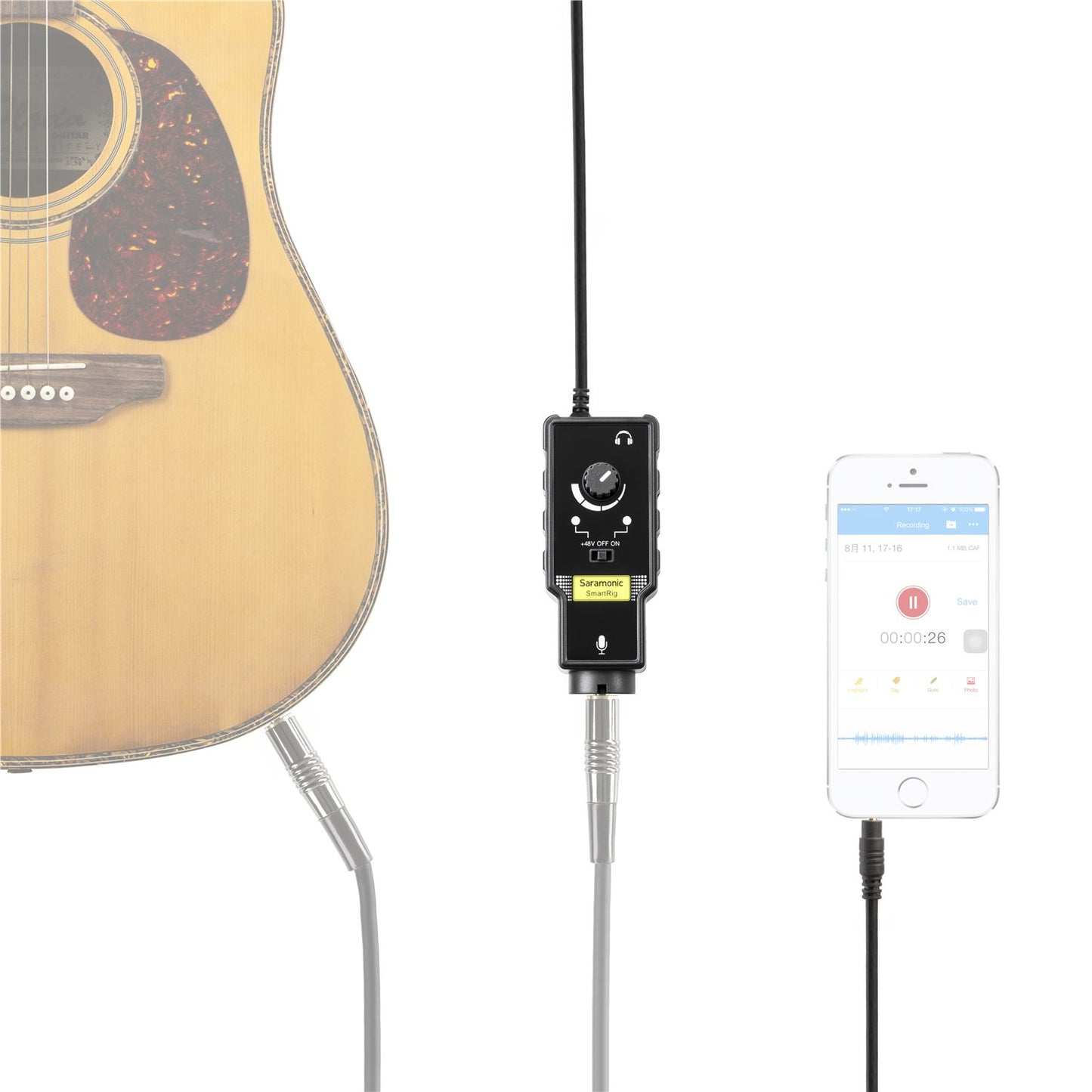 Saramonic Smartrig II XLR Microphone & 6.3mm Guitar Adapter with Phantom Power Preamp Amplifier for iPhone 8 8 Plus 7 7 Plus 6 iPad iPod, Android Smartphone