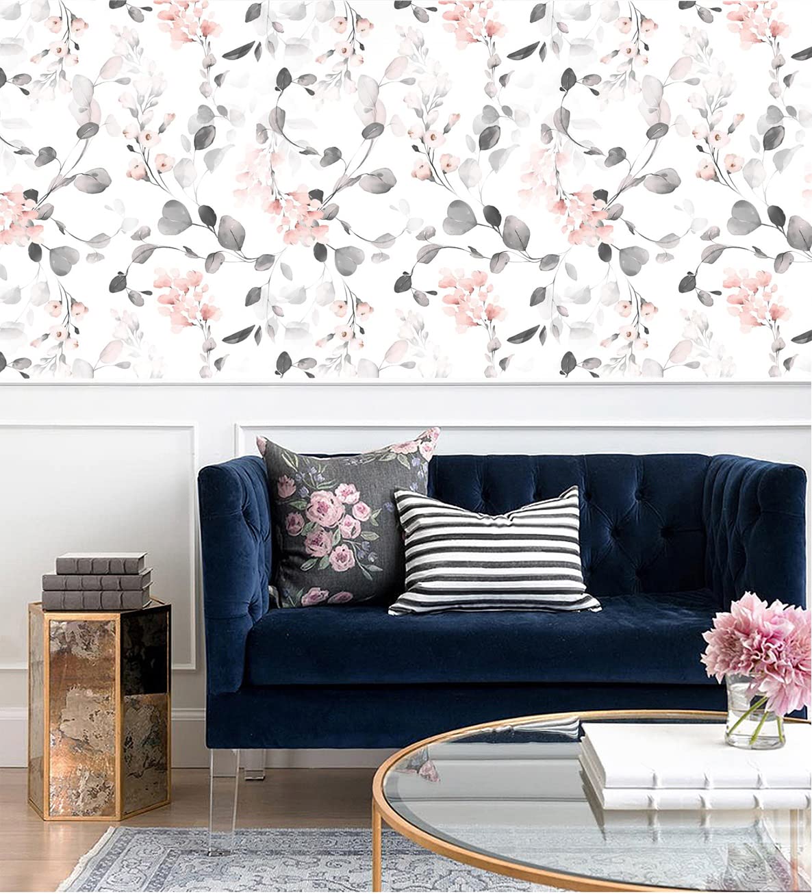 Blooming Wall DPY53 Watercolor Boho Fresh Gray Leaves Textured Peel and Stick Wallpaper Self-Adhesive Prepasted Wallpaper