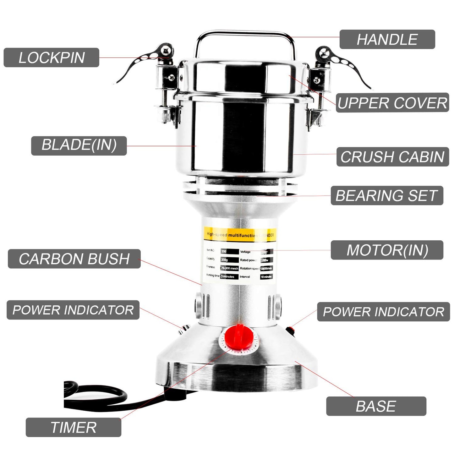Homend High Speed 350g Electric Grain Mill Grinder Powder Machine Spice Herb Grinder 1500W 70-300 Mesh 28000RPM Stainless Steel Commercial Grade for Kitchen Herb Spice Pepper Coffee (350g)