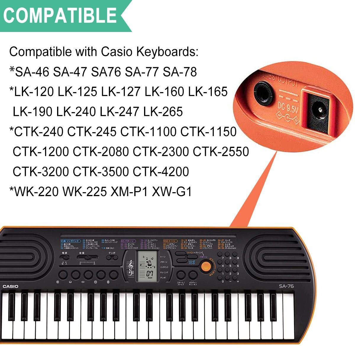 New Adapter for Casio Keyboards SA-46 SA-47 SA76 SA-77 SA-78 LK-120 LK-125 LK-127 LK-160 LK-165 LK-240 LK-247 LK-280 CTK-240 CTK-245 CTK-1100 CTK-1150 CTK-1200 CTK-2080 CTK-2300 Power Supply Charger