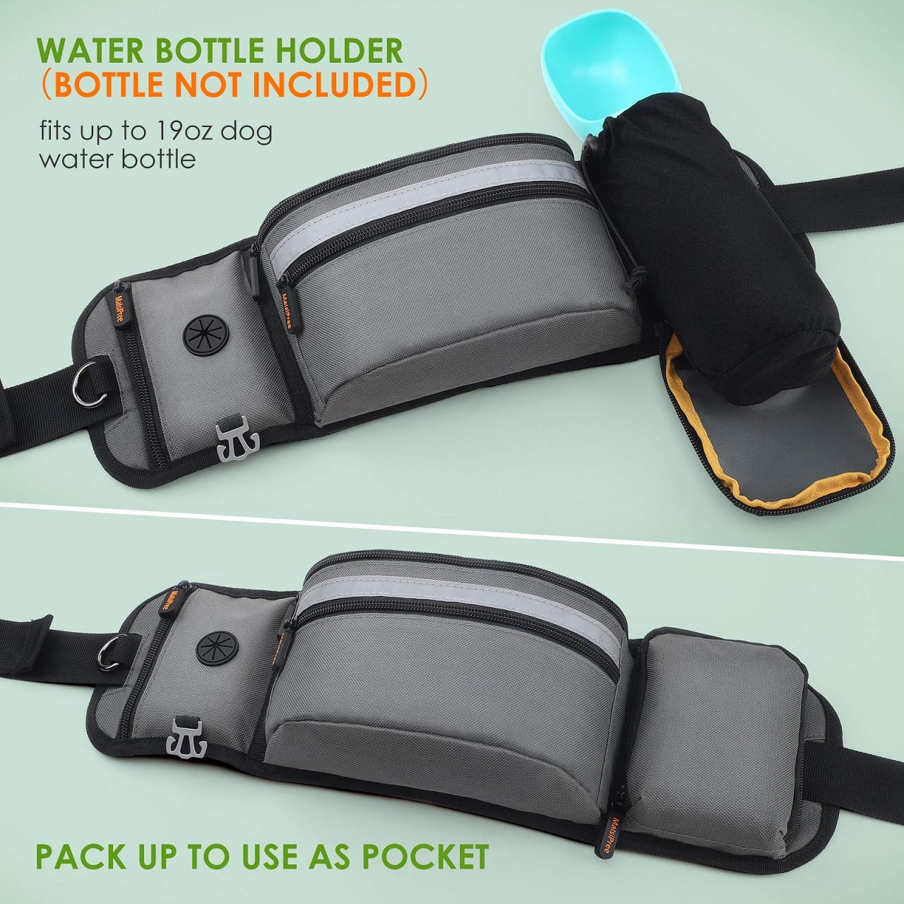 MalsiPree Dog Treat Pouch for Training – Built in Poop Bag Dispenser w/Water Bottle Holder, Hands Free Waist Belt Fanny Pack for Puppy Class, Travel, Running, Walking, Hiking (Bottle & Bags Not Inc.)
