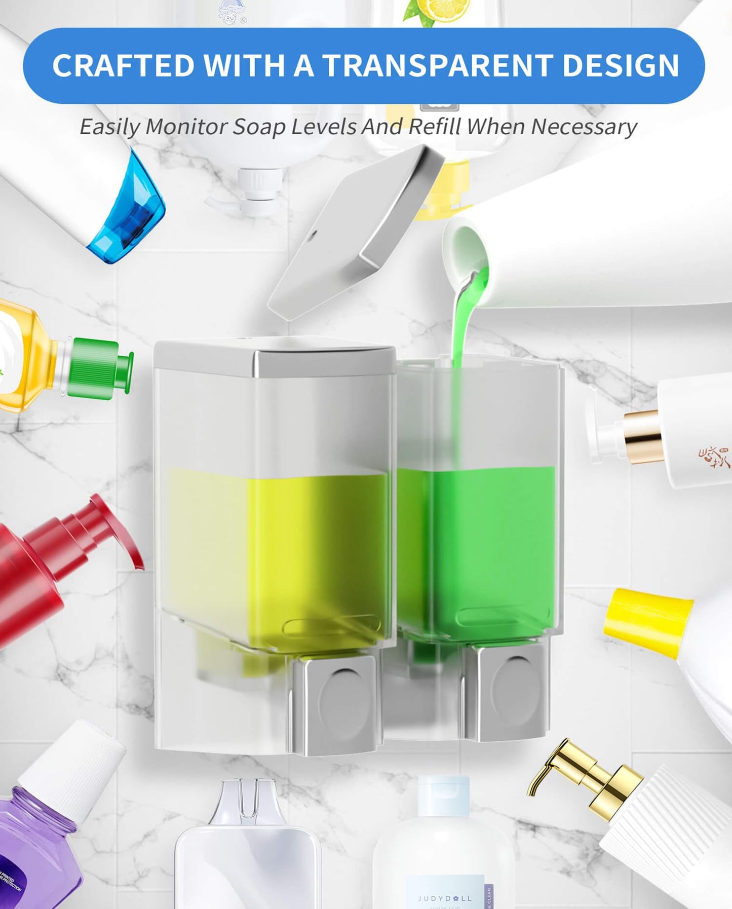 EADAS-ELBOW Shampoo and Conditioner Dispenser wall Mount, 2*8.9FL.OZ Shower Soap Dispenser wall Mounted Transparent Shampoo Dispenser for Shower, Shower Dispenser Soap Organizer, Body Wash Dispenser