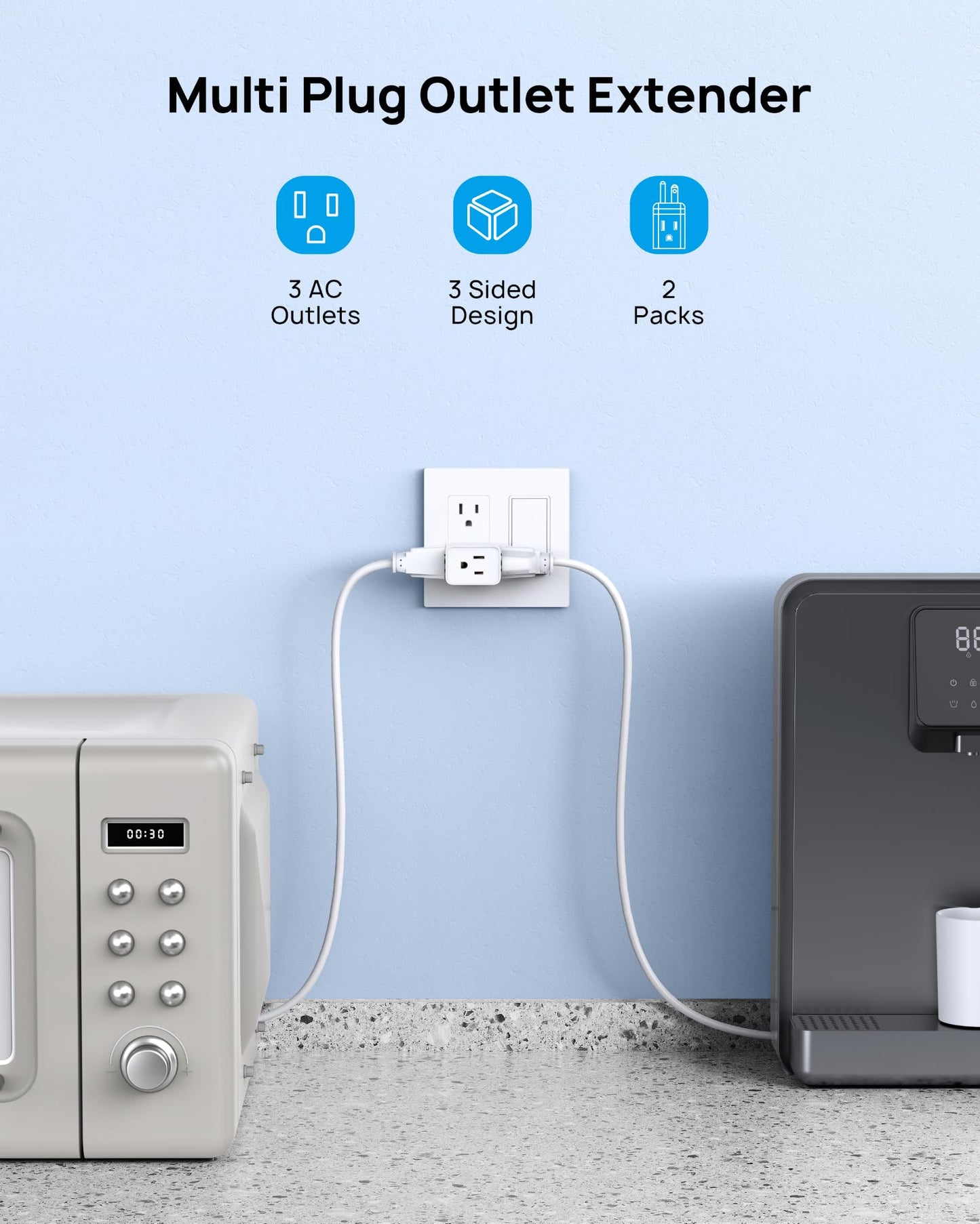 TROND Multi Plug Wall Outlet Extender - 2 Pack Electrical Outlet Splitter, 3 Way Plug Extender Multiple Outlet Adapter, Wall Tap Outlet Expander for Home Office Cruise Ship Travel Essentials, White