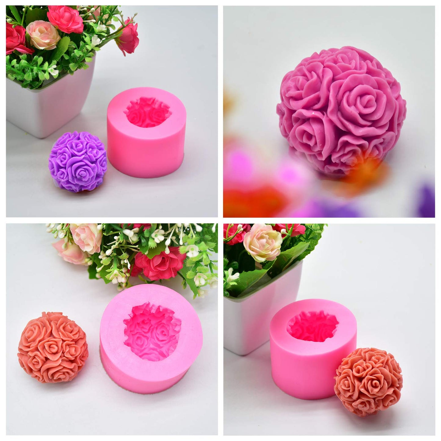 Fewo 2 Pack 3D Rose Candle Molds Cylinder and Sphere Shape Rose Flower Silicone Molds for Making DIY Homemade Beeswax Candles Bath Bomb Mini Soap Lotion Bar Wax Melts