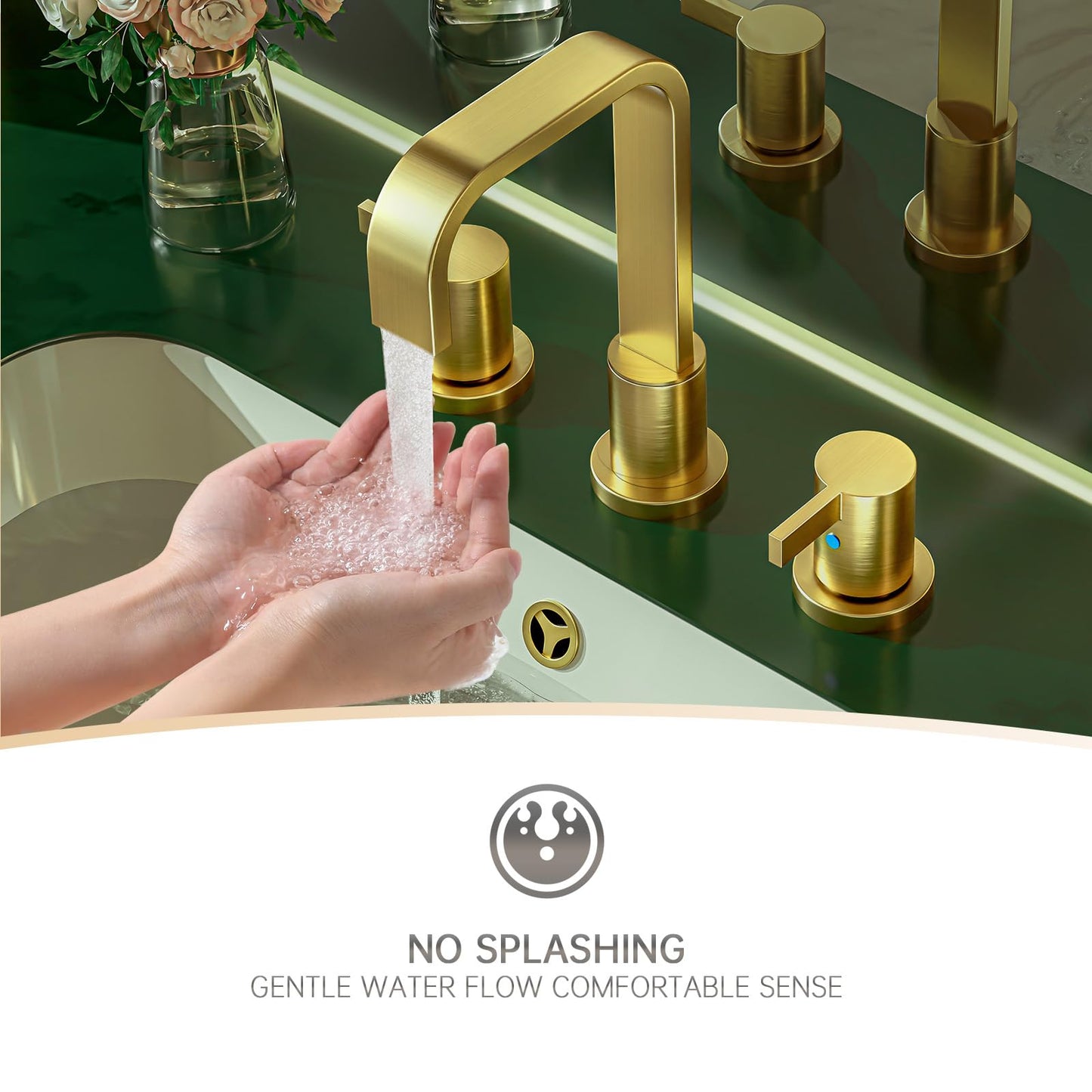 Phiestina Brushed Gold 8 Inch 3 Hole 2 Handle Waterfall Widespread Bathroom Sink Faucet, Bathroom Faucet with Metal Pop Up Drain and Water Supply Line, WF040B-1-BG