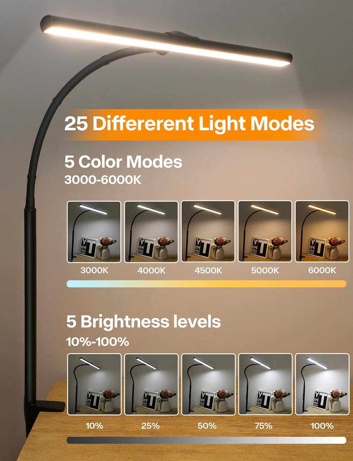 ACNCTOP Desk Lamp for Office Home - Eye-Caring Architect Task Lamp 25 Lighting Modes Adjustable LED Desk Lamp Flexible Gooseneck Clamp Light for